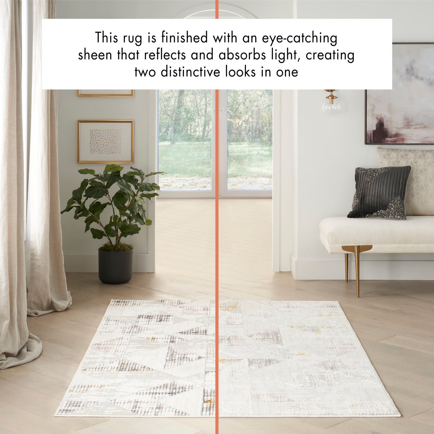 Two-tone geometric rug: left gray patterned, right ivory plain, in a bright living room with a plant, curtains, and a sofa.