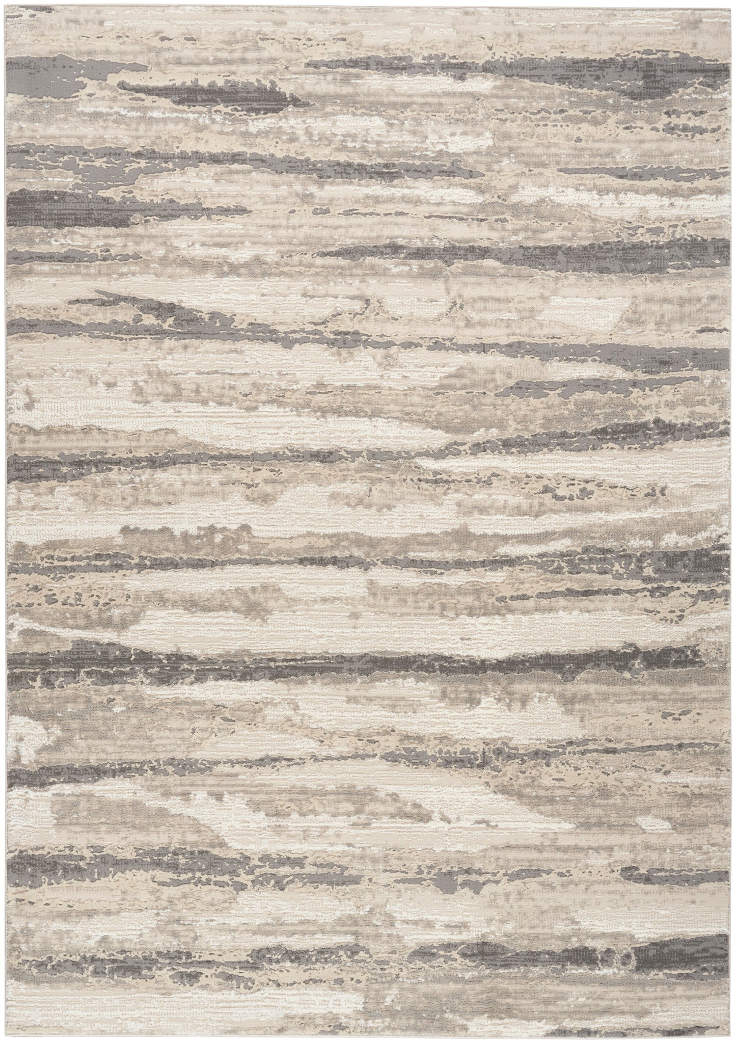 Neutral abstract rug with beige, taupe and gray horizontal brushstroke pattern.