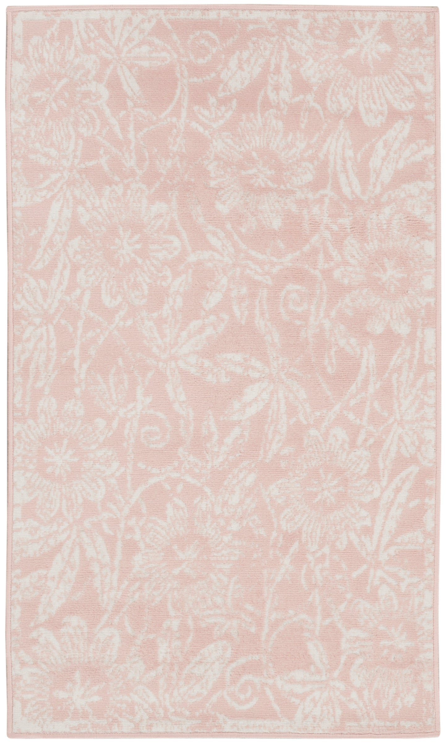 Rectangular blush pink area rug with ivory floral damask pattern and narrow border.