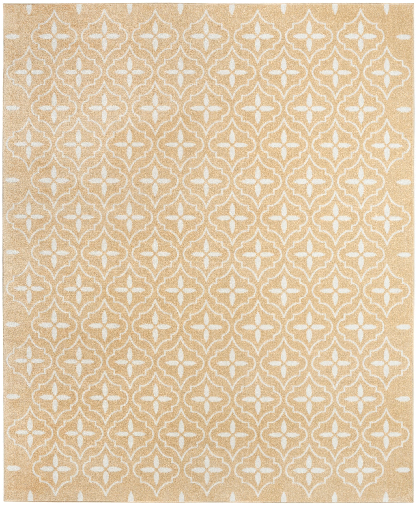 Beige flat-weave rug with white Moroccan trellis pattern, repeating quatrefoil motifs.