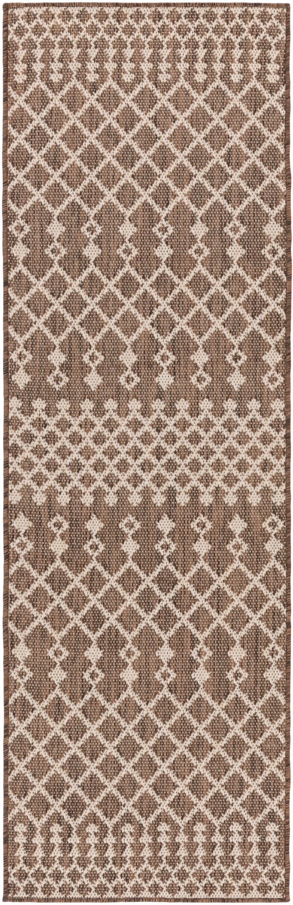 Brown and cream geometric lattice runner rug; woven textured kilim-style pattern.