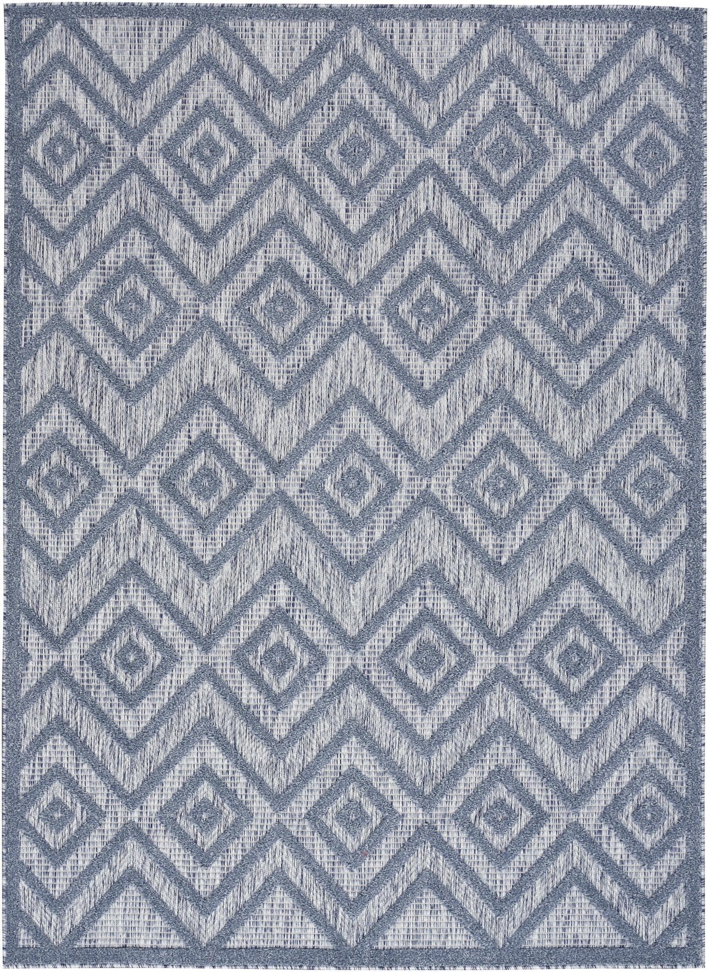 Blue-gray diamond-pattern area rug with chevron diamonds & textured weave; modern geometric border.