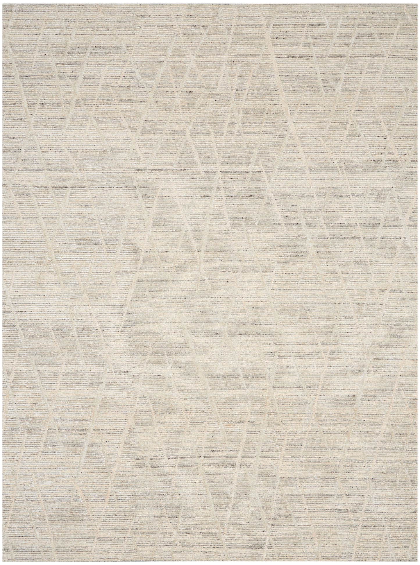 Beige woven area rug with subtle crisscross triangle lattice pattern in light tan tones, textured surface.