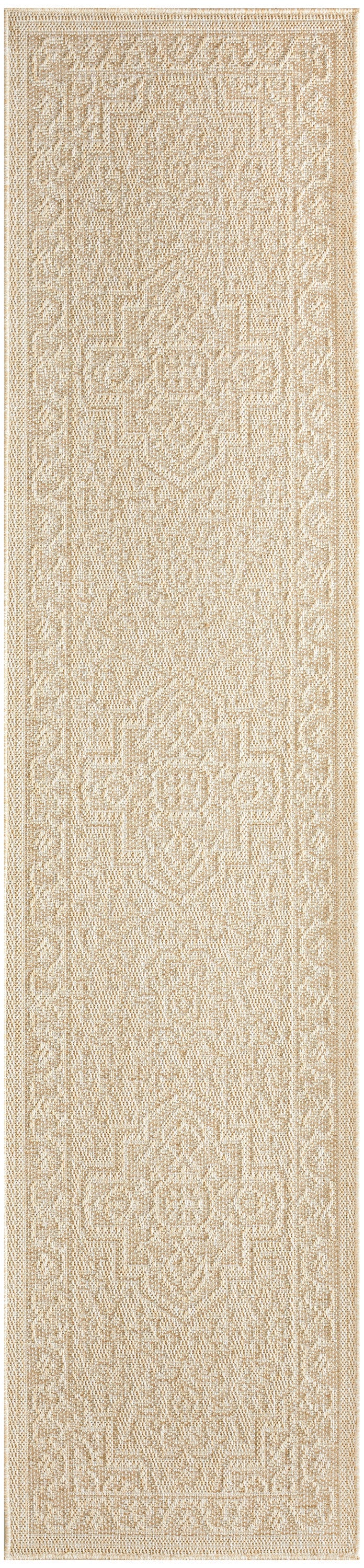 Cream-beige oriental runner rug with intricate geometric medallion motifs and textured borders.
