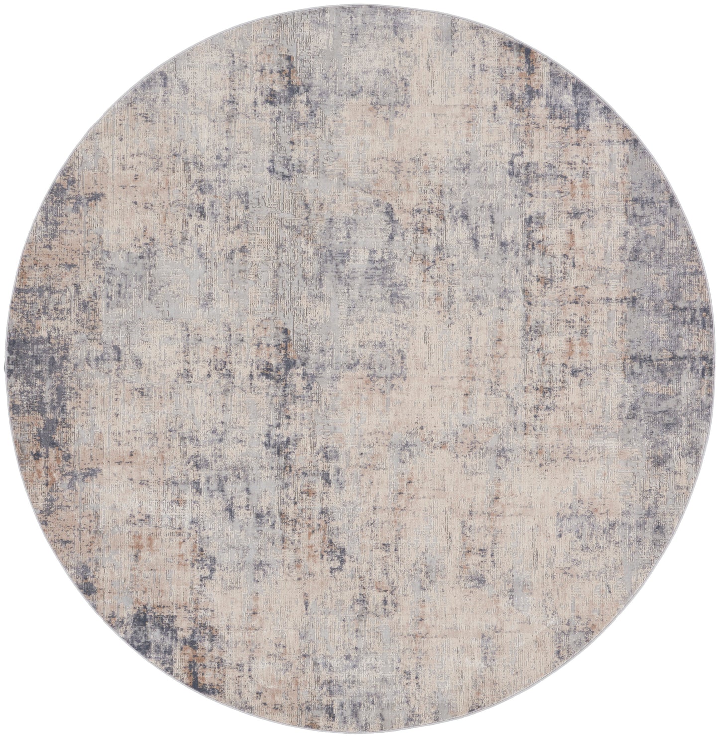 Round area rug with abstract distressed pattern in muted beige, gray & blue tones.