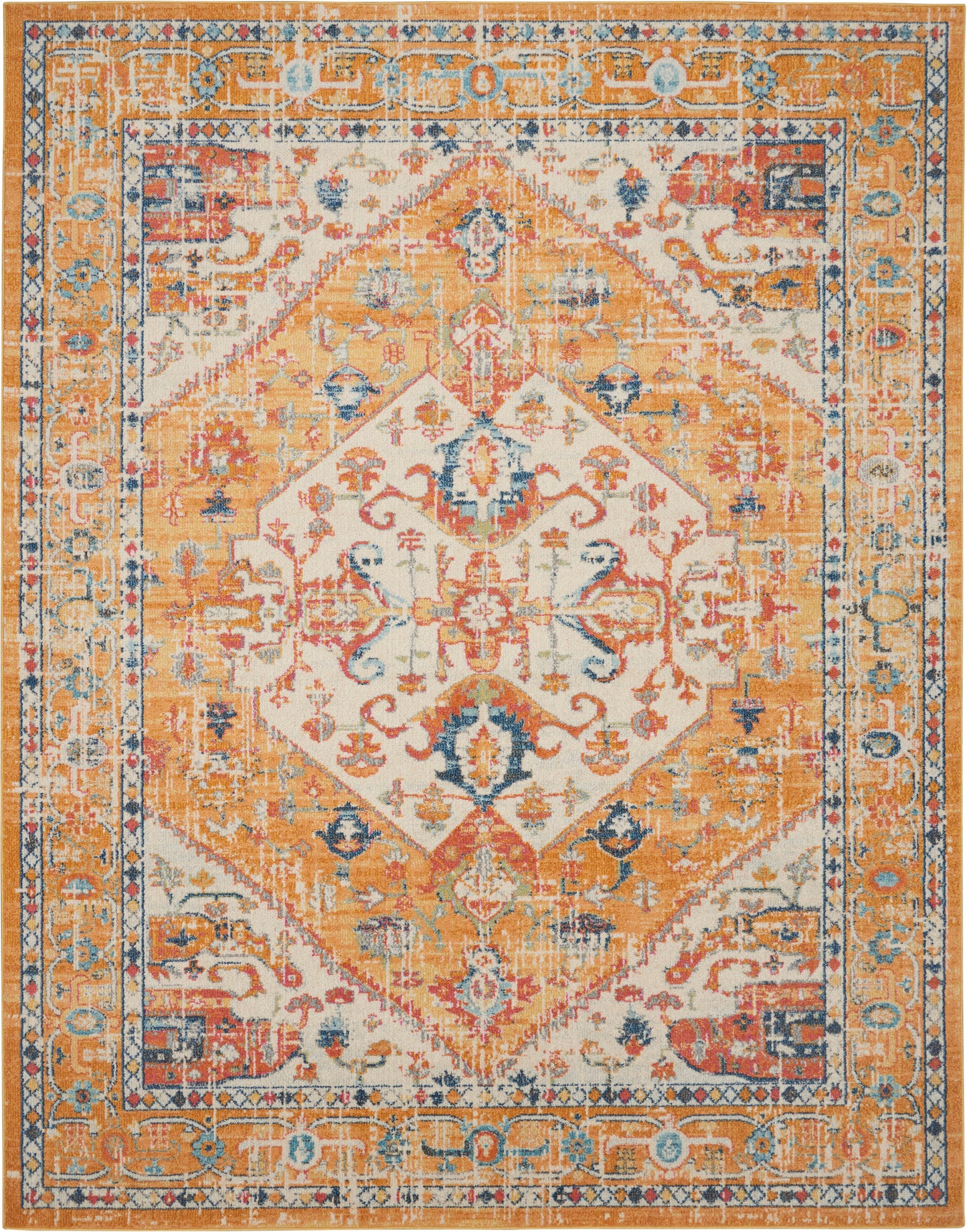 Vintage-inspired Persian rug with warm orange field, ivory central diamond medallion, blue accents, intricate floral border.