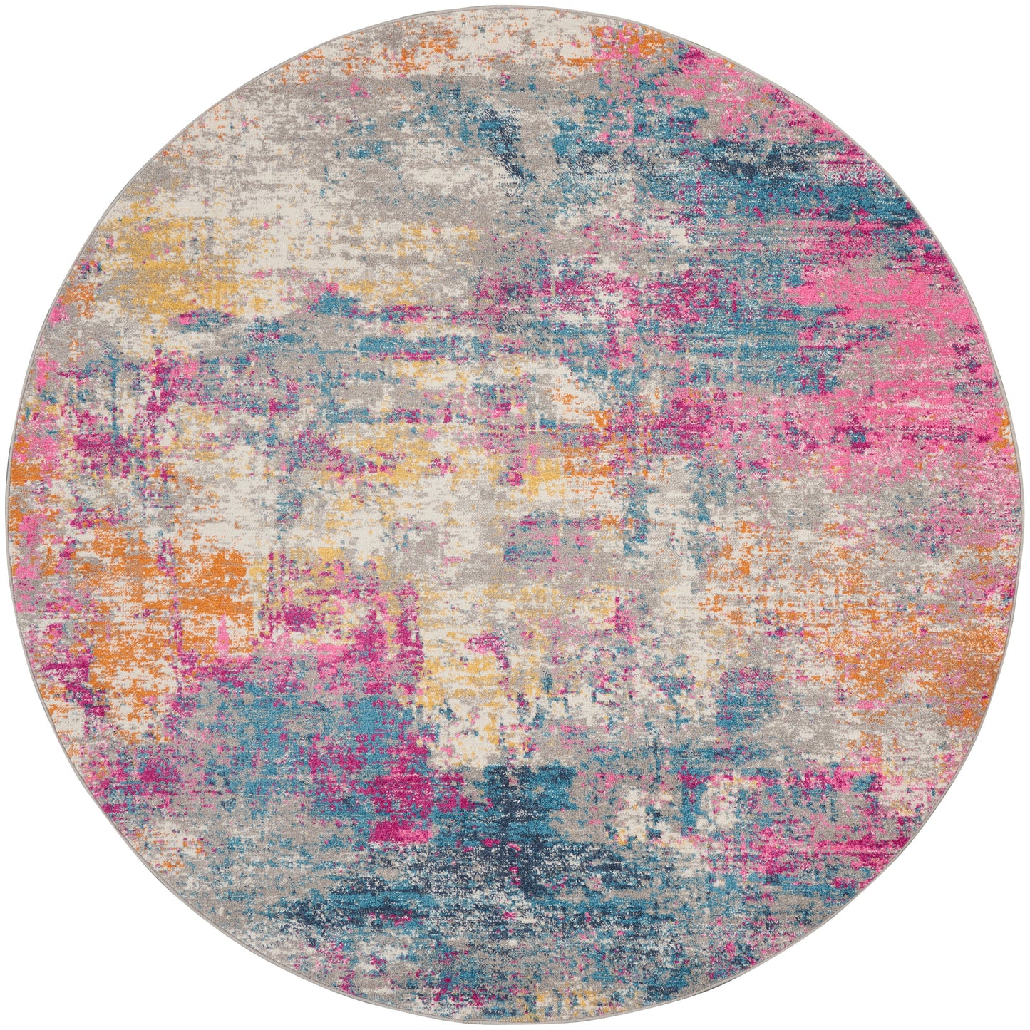 Round abstract area rug with multicolor pink, teal, orange and yellow blotches on a cream base.