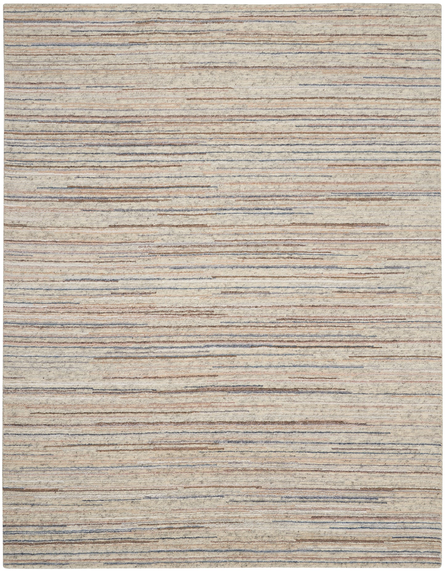 Beige flat-weave rug with irregular horizontal blue, taupe and brown stripes.