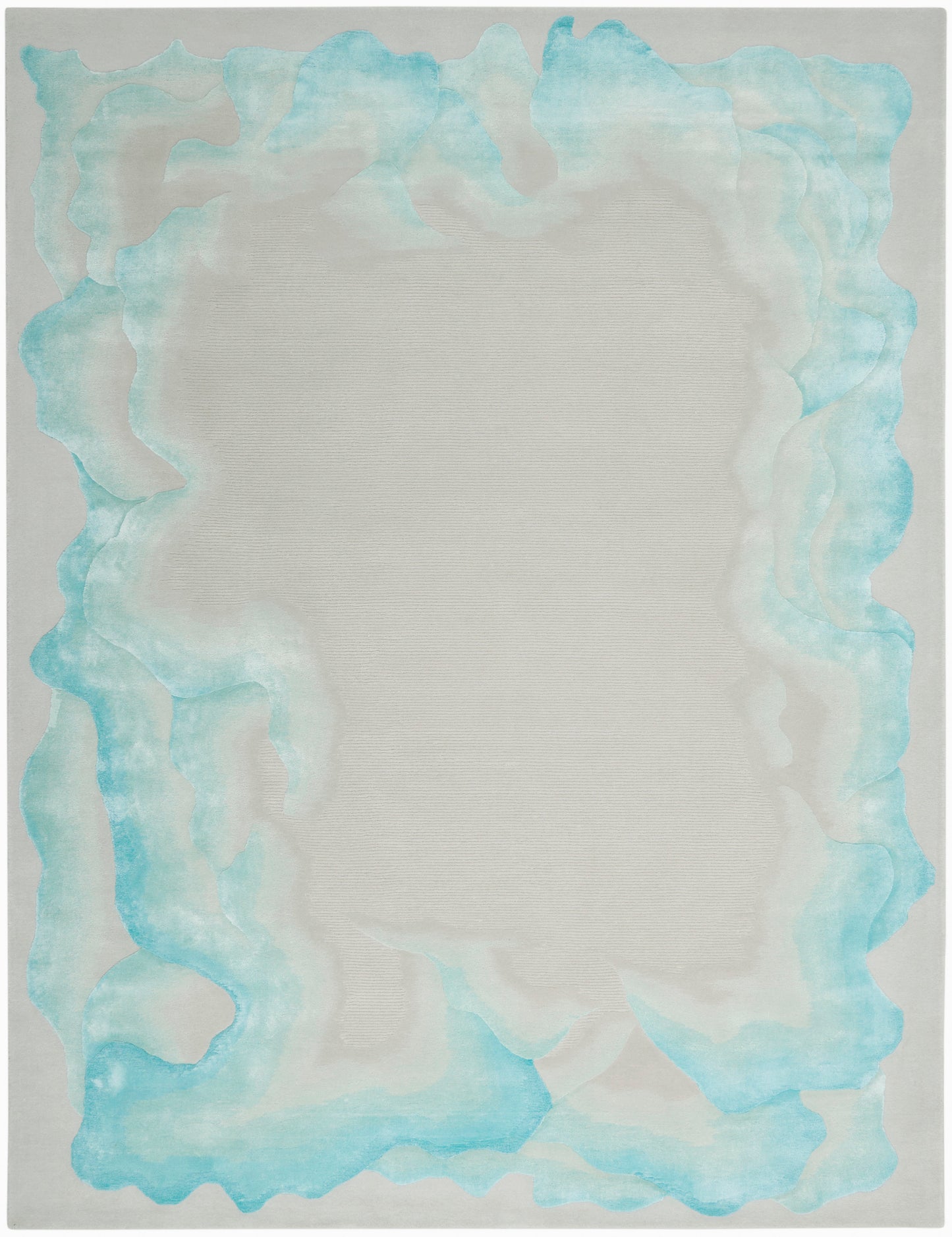 Rectangular rug with beige center and a wavy turquoise aqua border, modern coastal style.
