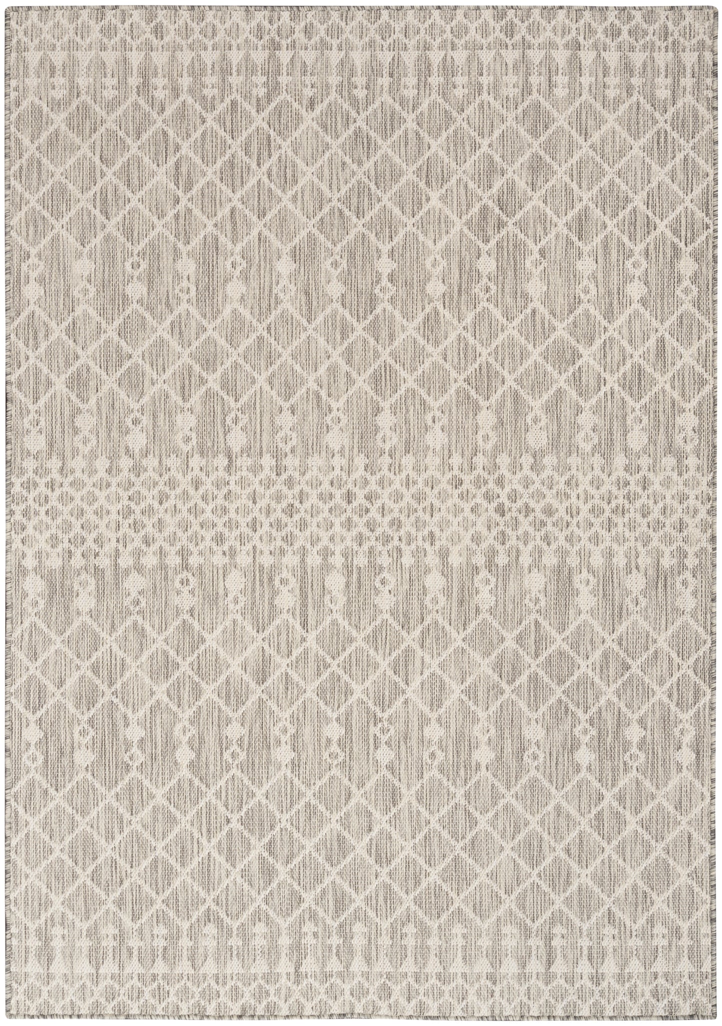 Beige woven area rug with ivory lattice diamond pattern and a central band; neutral, textured decor rug.