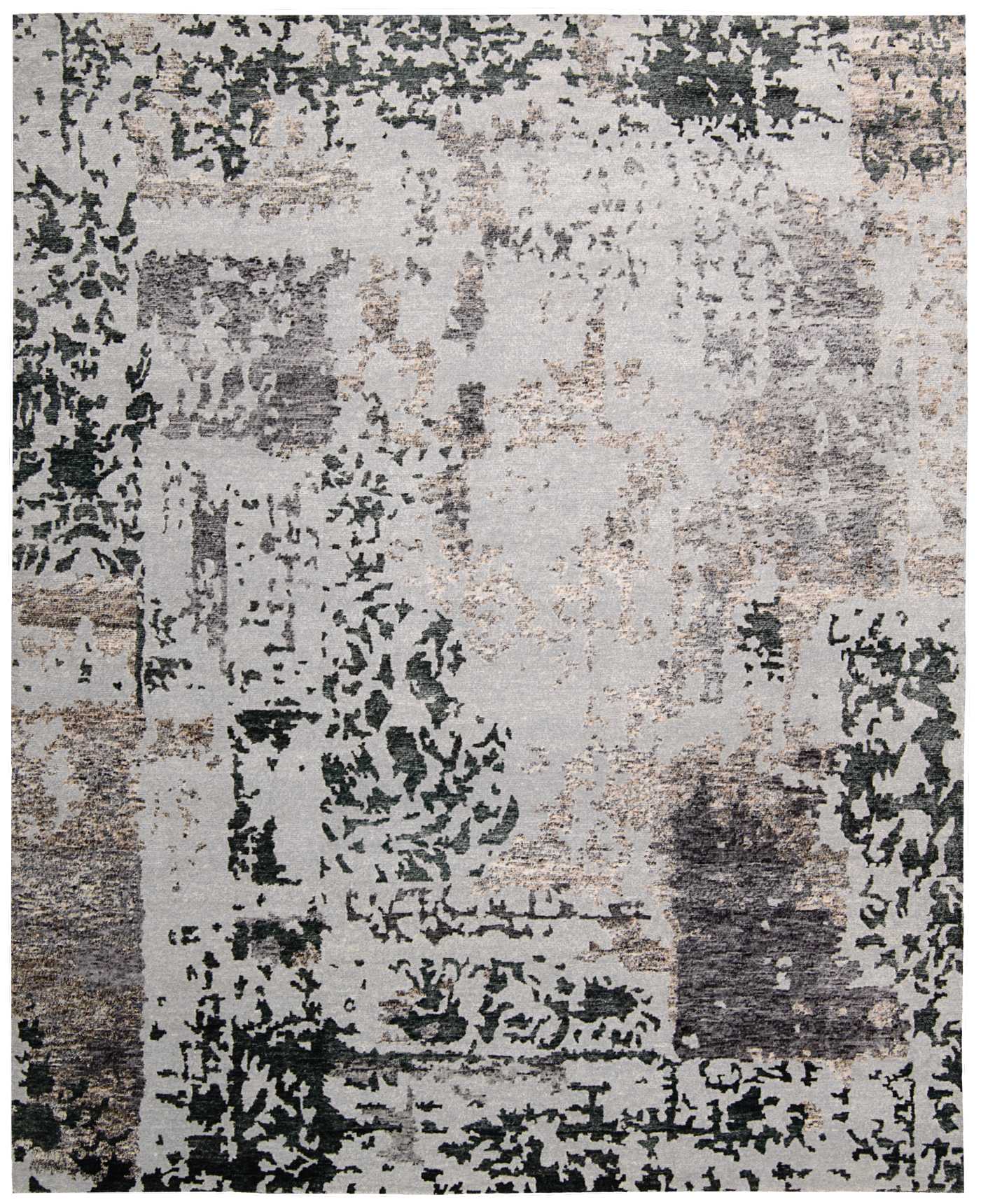 Abstract distressed rug in gray, beige and black; modern low-pile, patchwork design for living room decor.