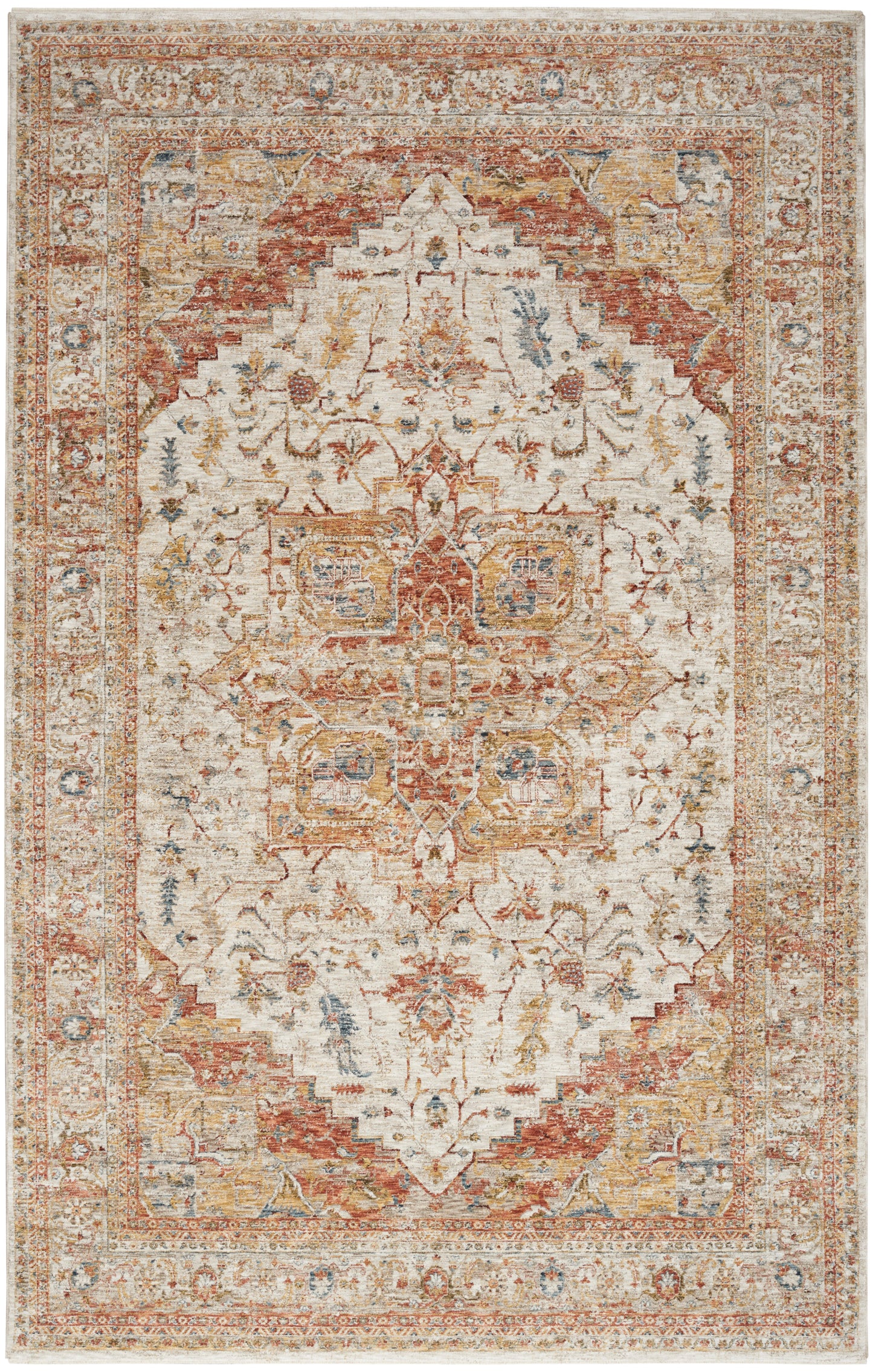 Vintage Persian-style area rug with ivory cream field, central medallion, rust-red borders, and blue-gold floral accents.
