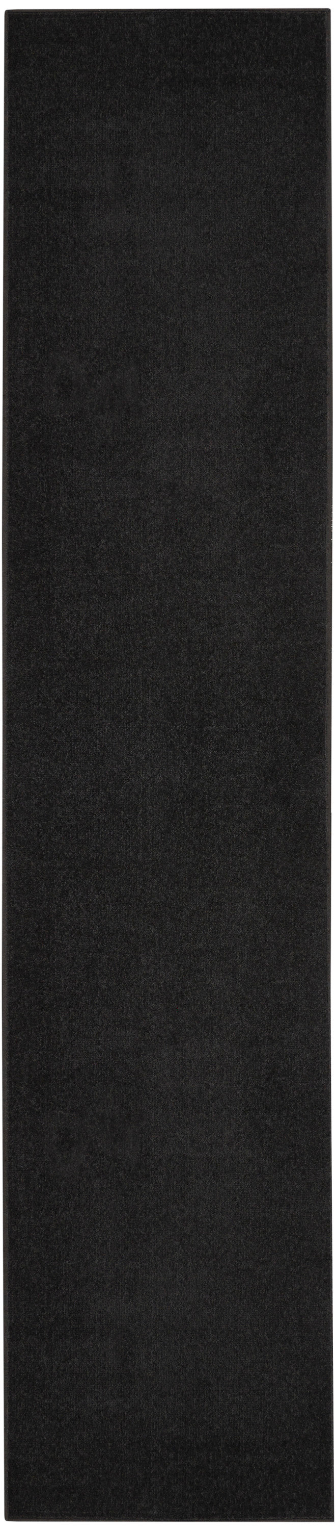 Black outdoor runner rug, 16' long, narrow rectangular with a textured, felt-like surface.