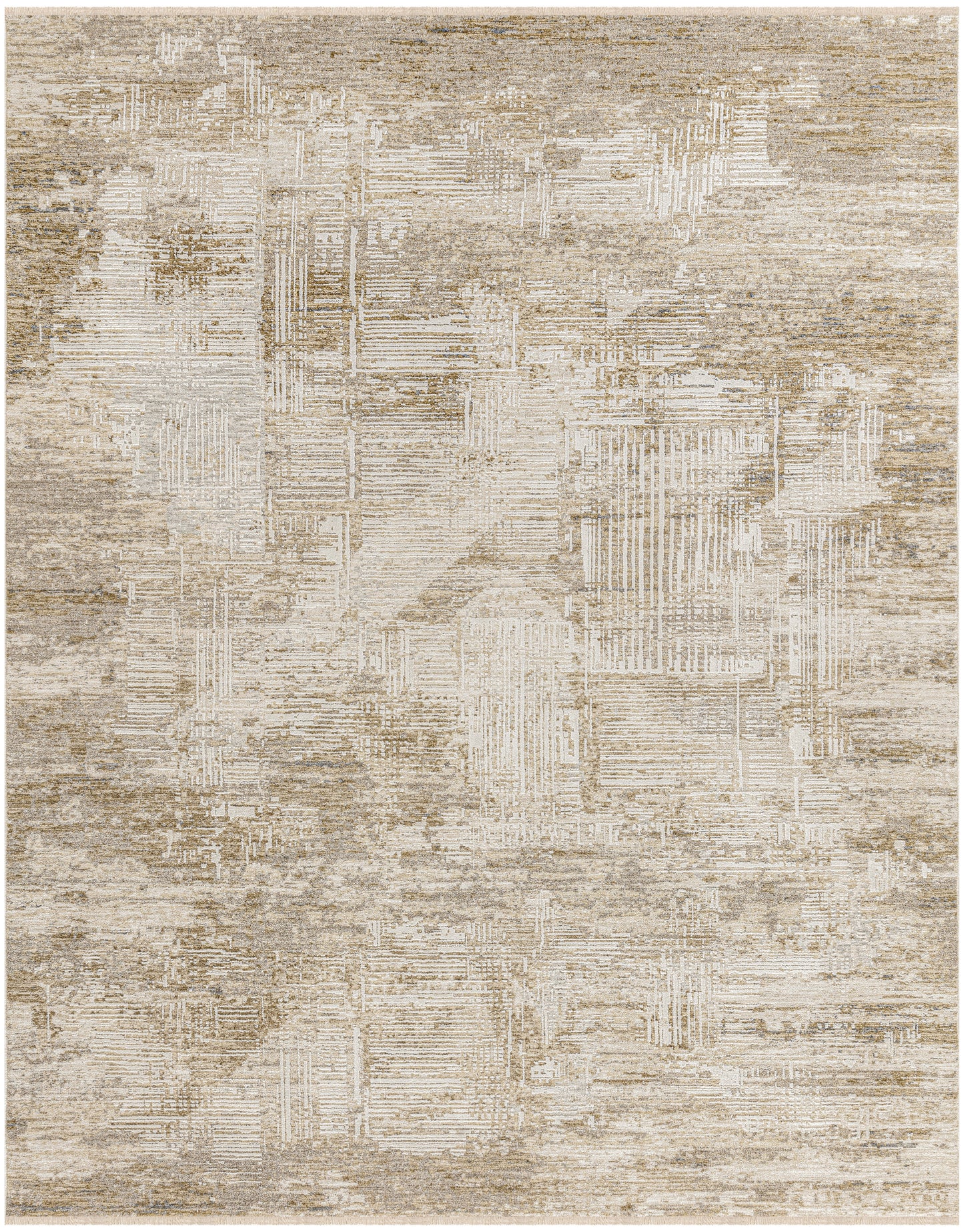 Neutral beige and taupe abstract rug with distressed geometric patchwork and soft pile.