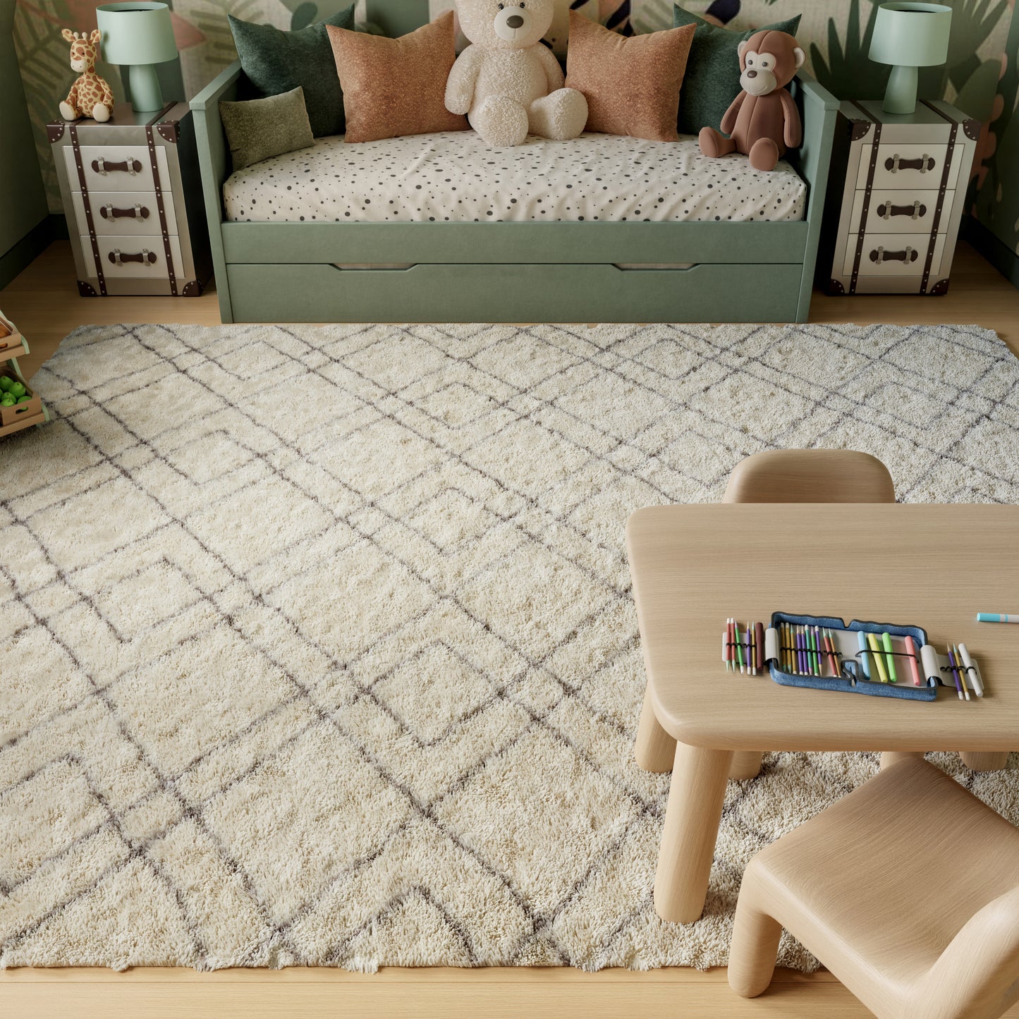 Nourison Dreamy Shag 9' x 12' ivory area rug from Primoends with ultra-plush shag pile, soft neutral color, modern indoor rug for living room or bedroom décor.