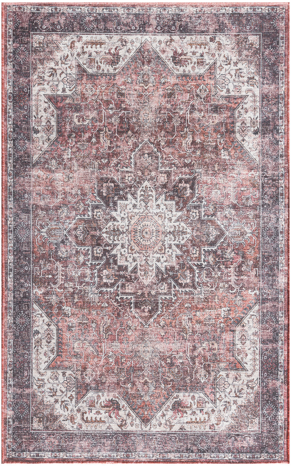Distressed red Persian-style rug with ivory central medallion, intricate floral motifs and antiqued border.