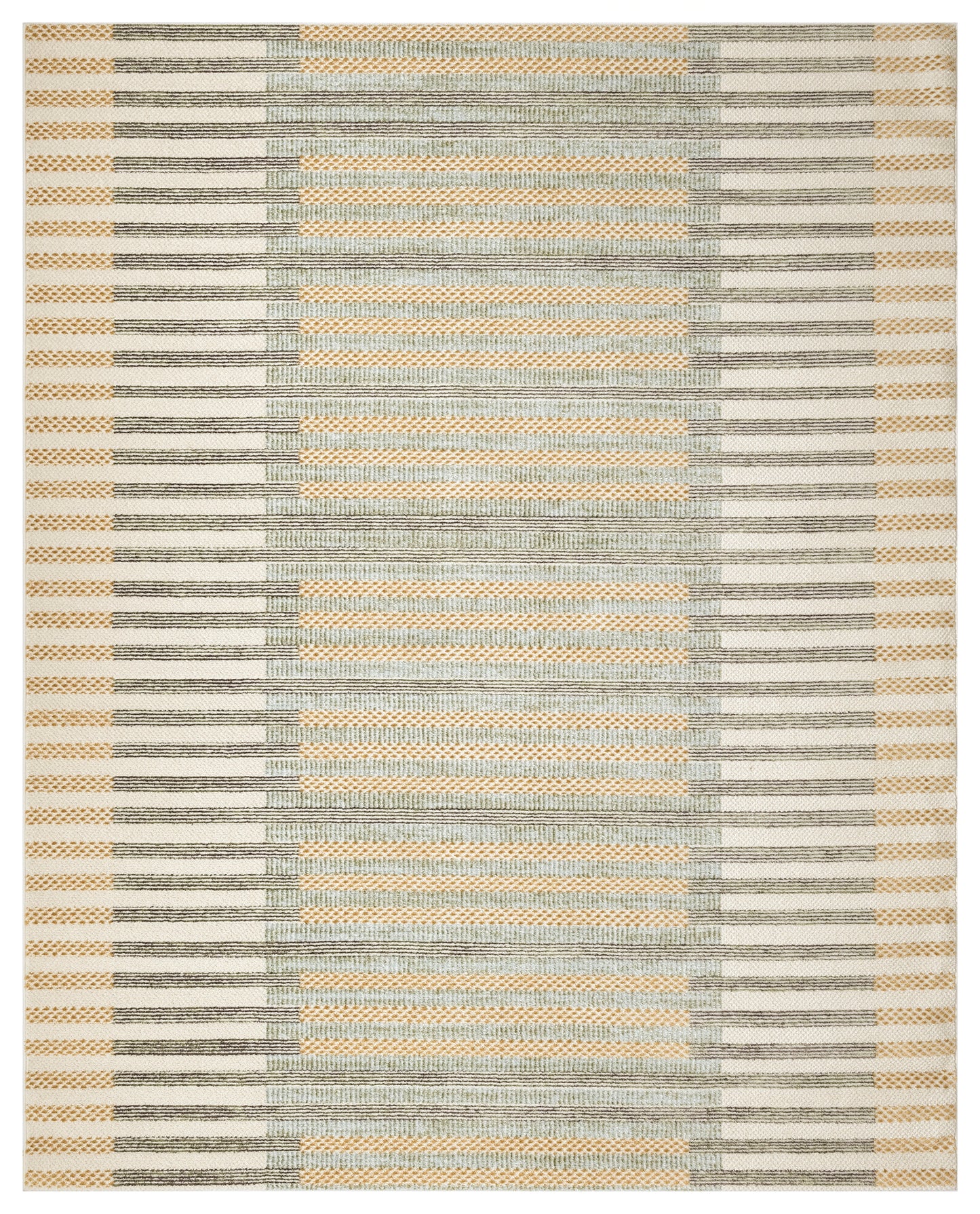 Rectangular woven rug with beige, grey and pale orange geometric stripes; modern living room decor.