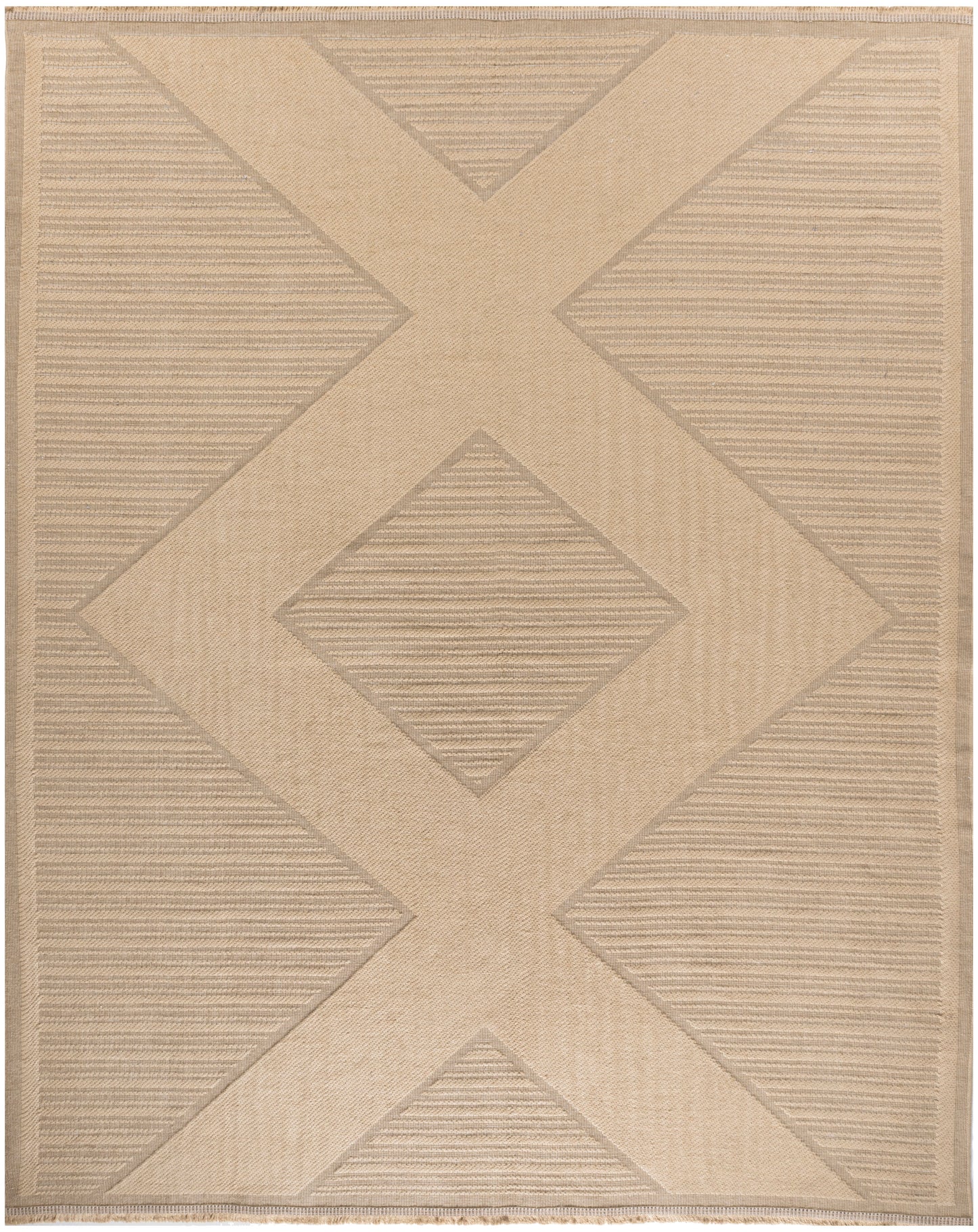 Beige woven rug with a large X motif and central diamond, striped panels for a modern neutral look.