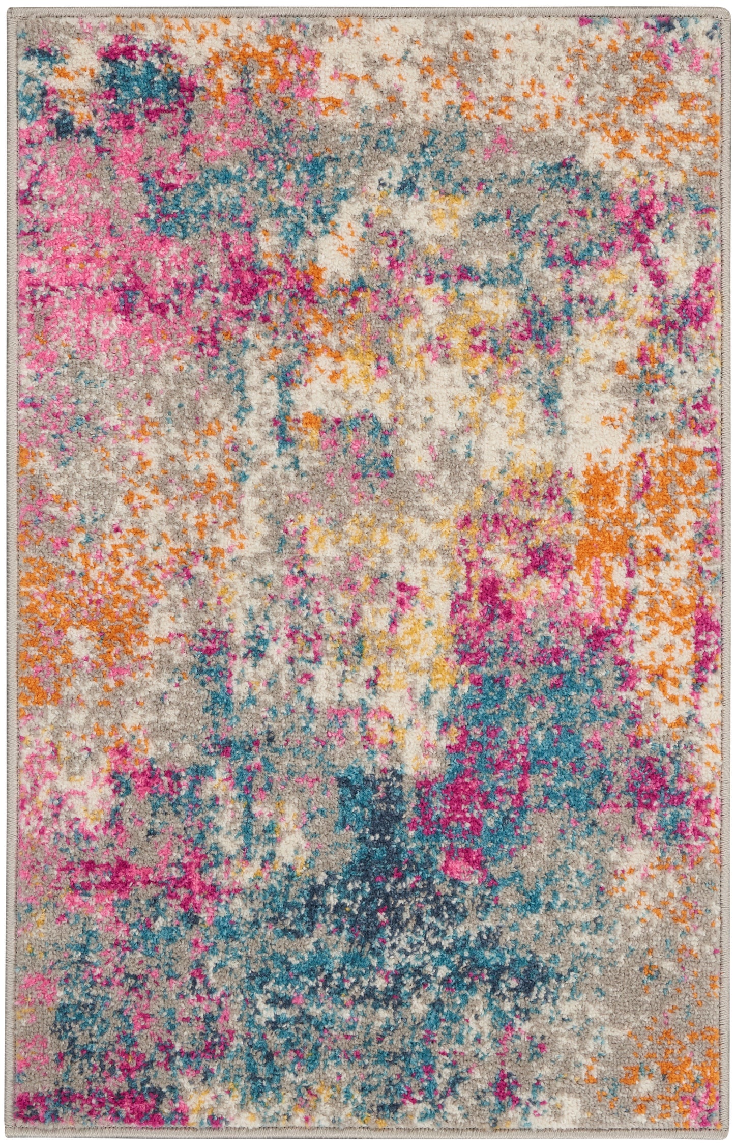 Colorful abstract area rug with pink, orange, teal, blue and beige splashes in a plush, textured pile.