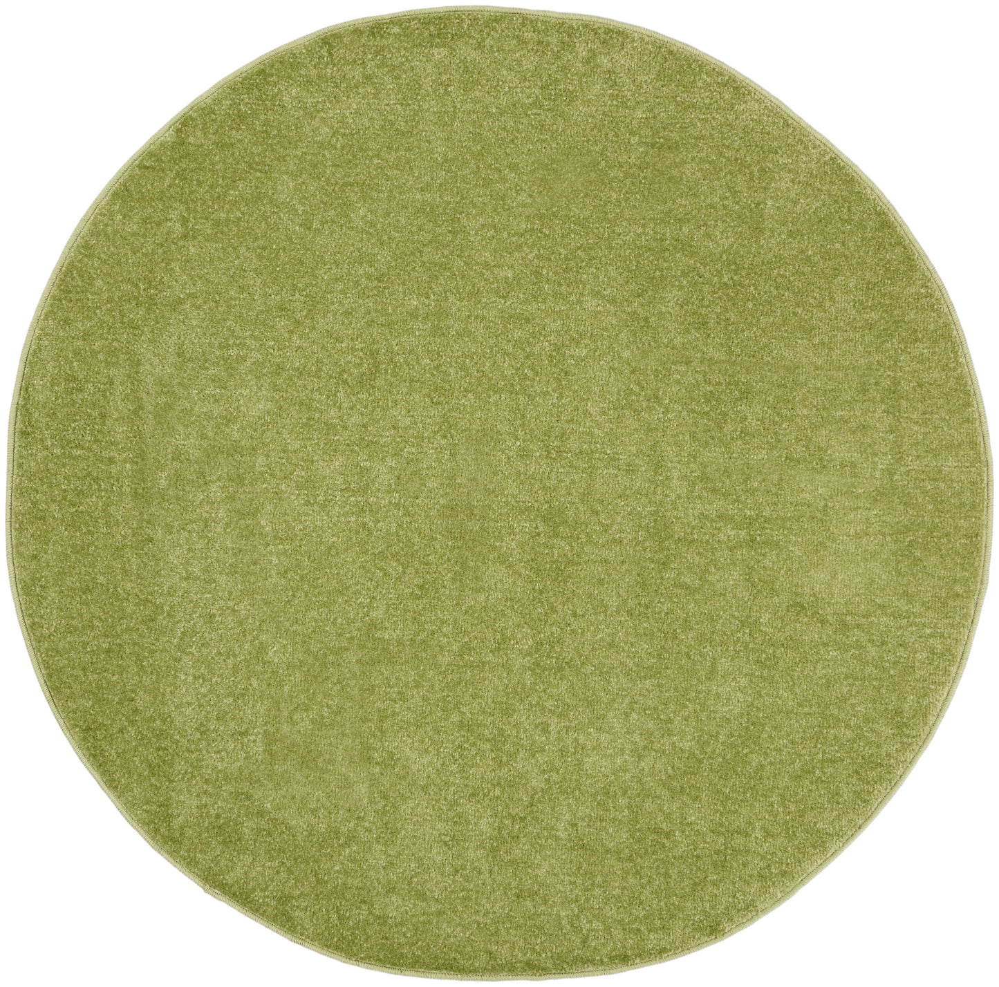 Round olive-green rug with soft pile and bound edge.