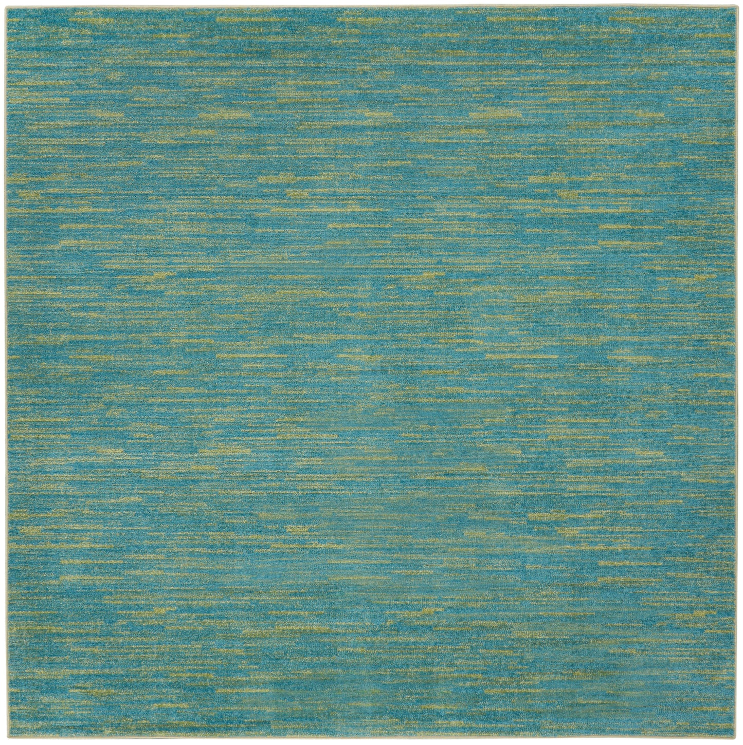 Teal & gold woven outdoor area rug with horizontal streak pattern, rectangular.