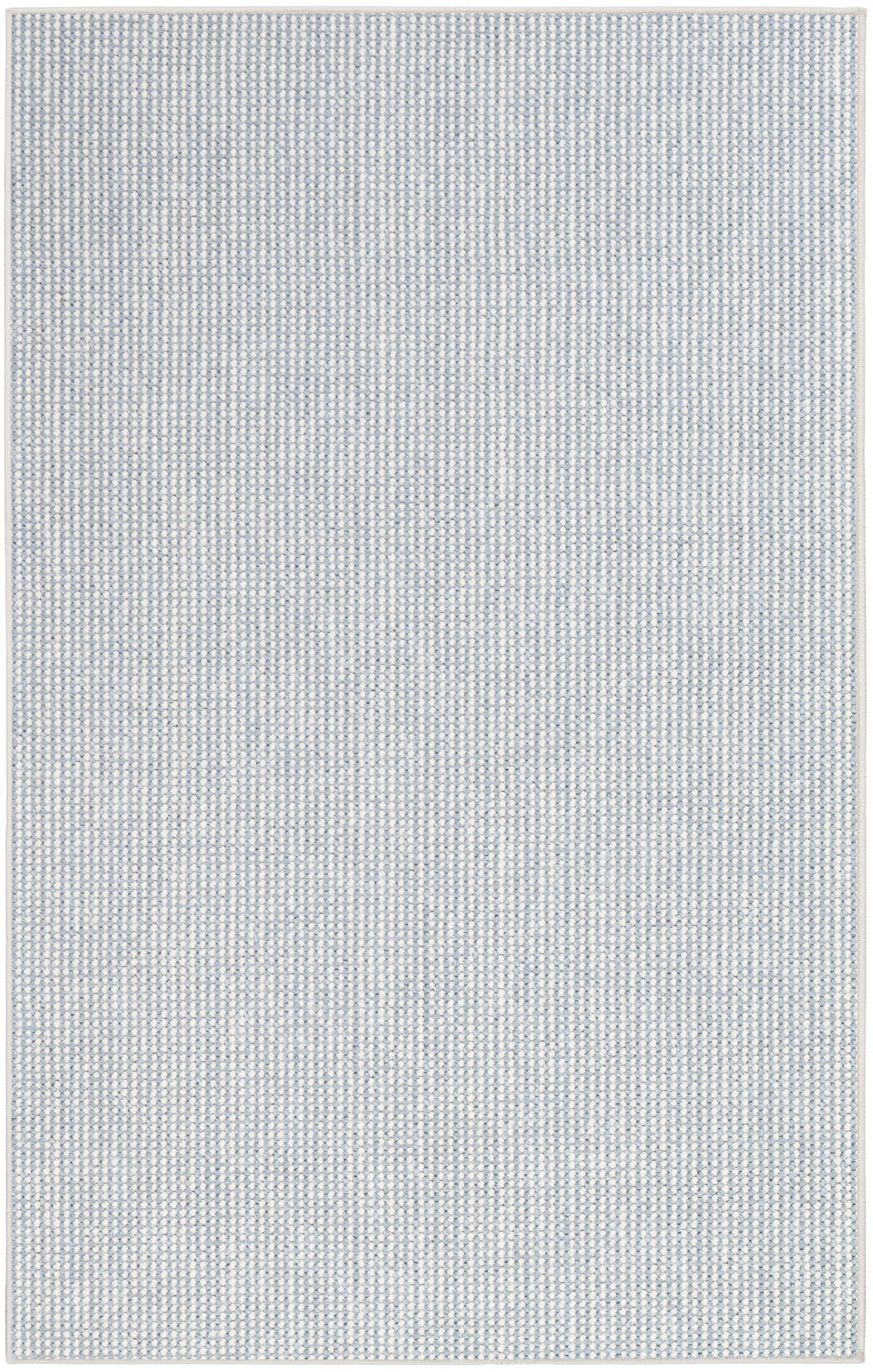 Light blue speckled flat-weave rug with subtle white grid and beige border.