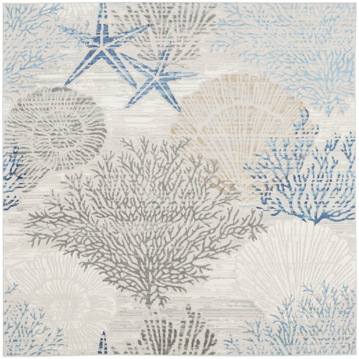 Coastal area rug with blue, gray and beige coral silhouettes and starfish accents.