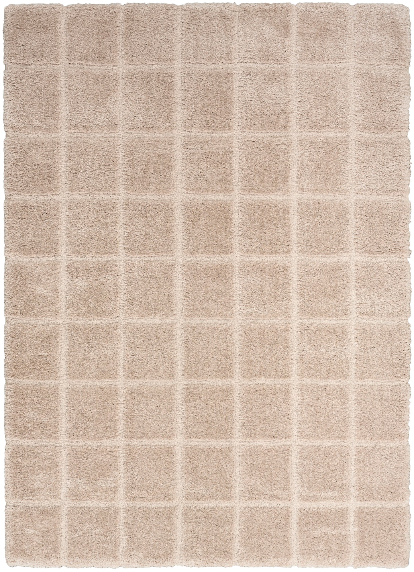 Beige plush bath towel with a white grid pattern, soft terry texture, rectangular bathroom accessory.