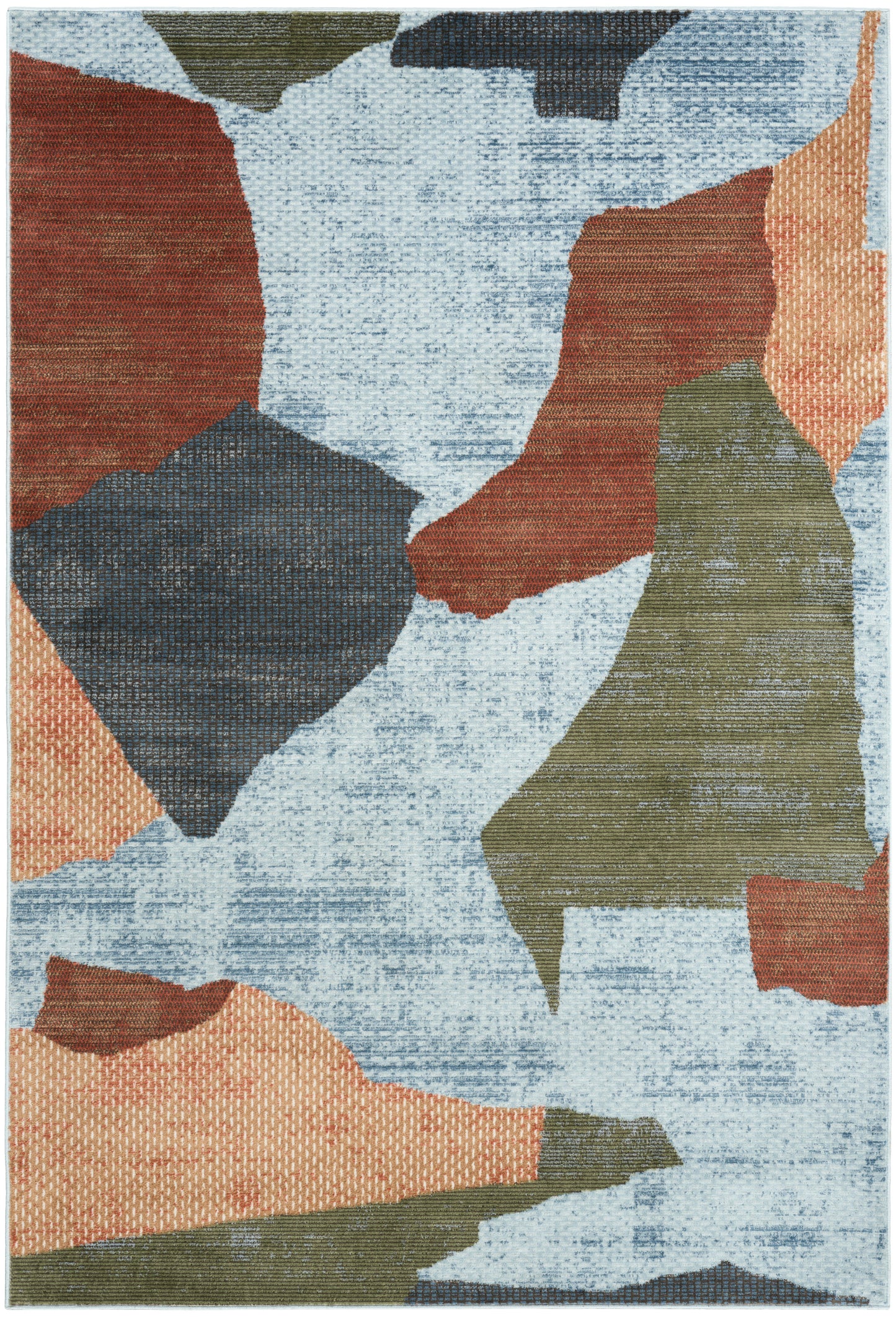 Abstract multicolor area rug with irregular shapes in blue, rust, olive and tan; woven textile.