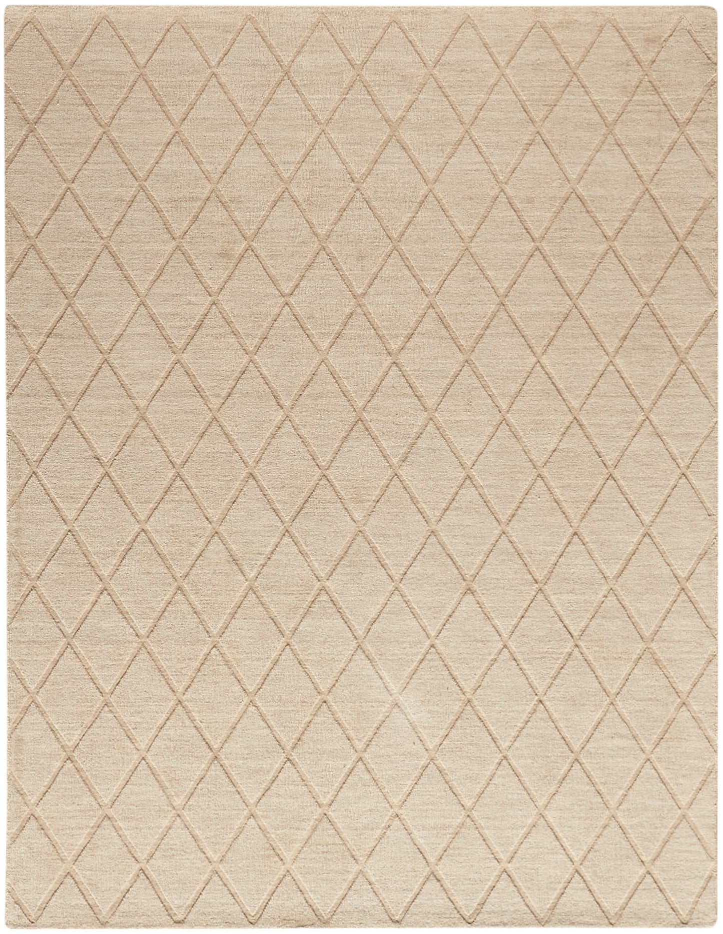 Beige rectangular woven rug with a diamond lattice pattern and subtle texture; neutral, versatile home decor.