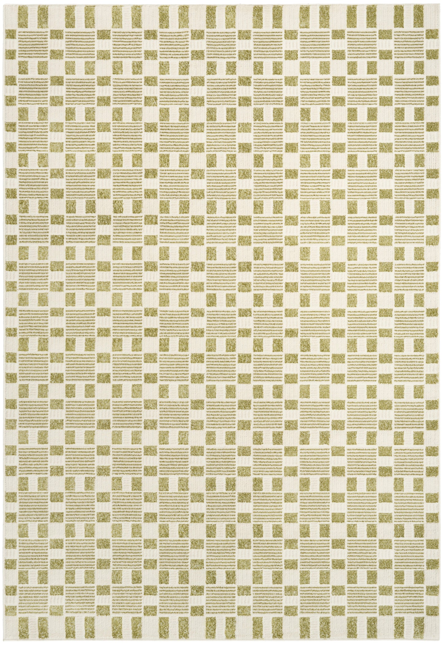 Cream rug with olive-green textured square blocks forming a subtle geometric grid; woven, modern rug for living spaces.