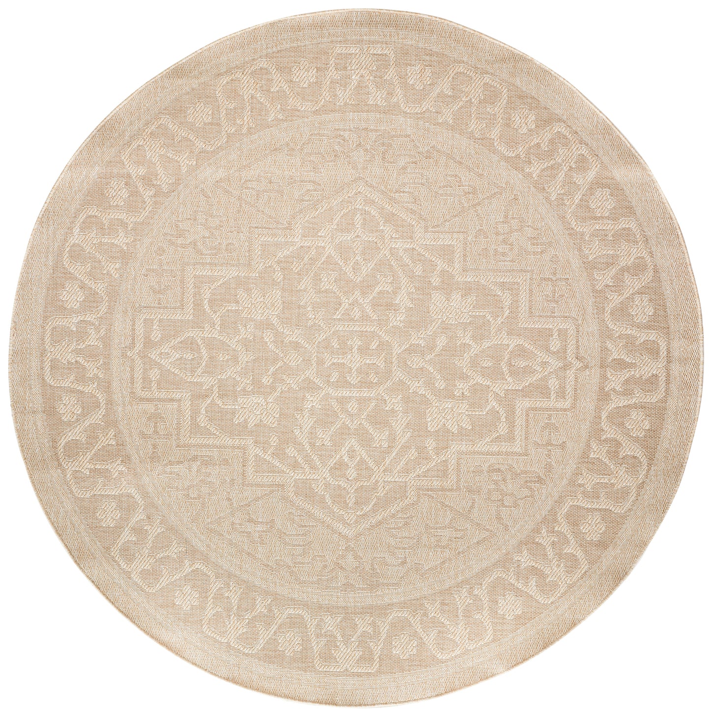 Beige round woven rug with intricate oriental medallion pattern; natural fiber look for living room decor.