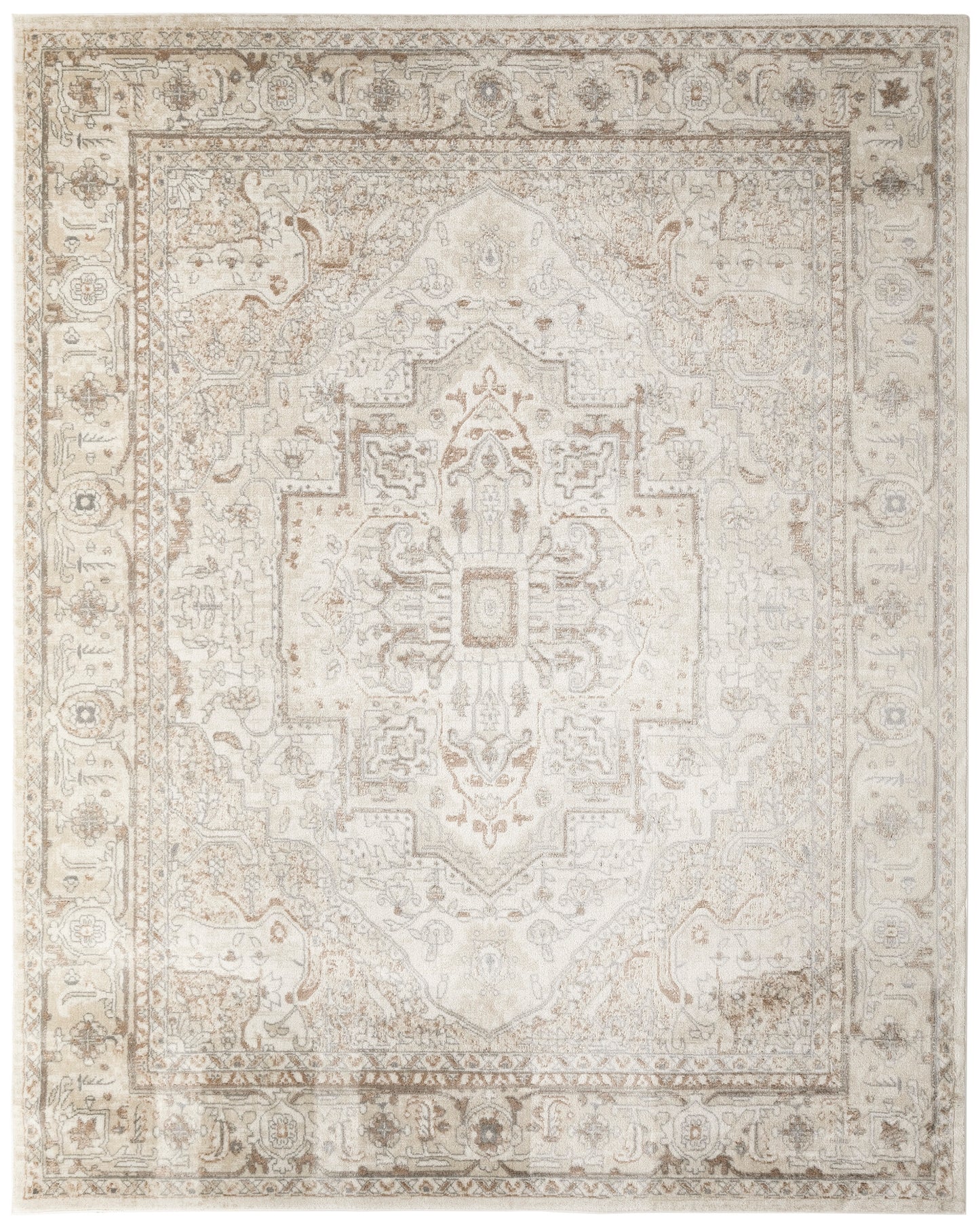 Cream-tan distressed Persian-style area rug with central medallion and ornate border.