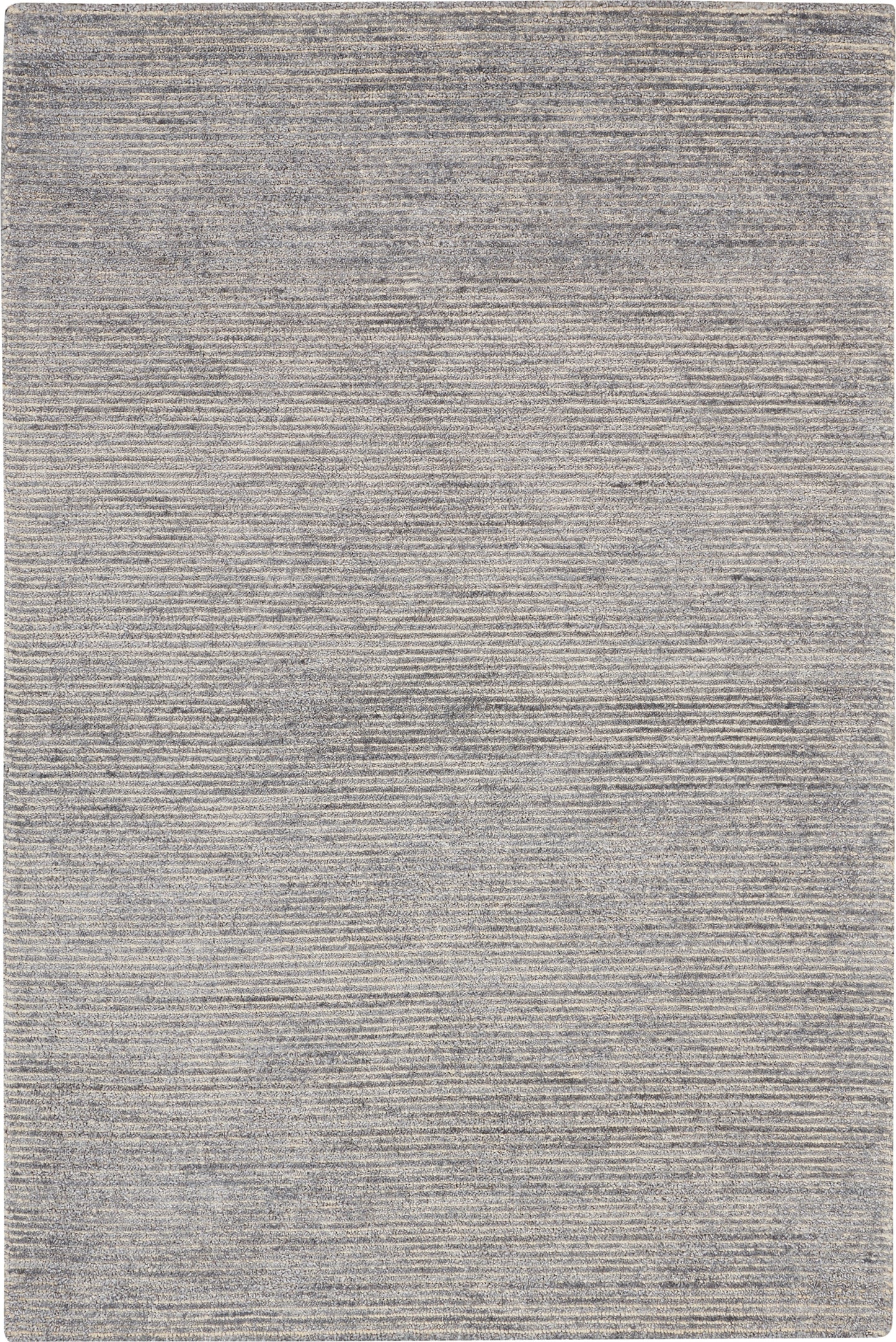 Light grey rectangular area rug with fine horizontal ribbed texture; modern, neutral home decor.