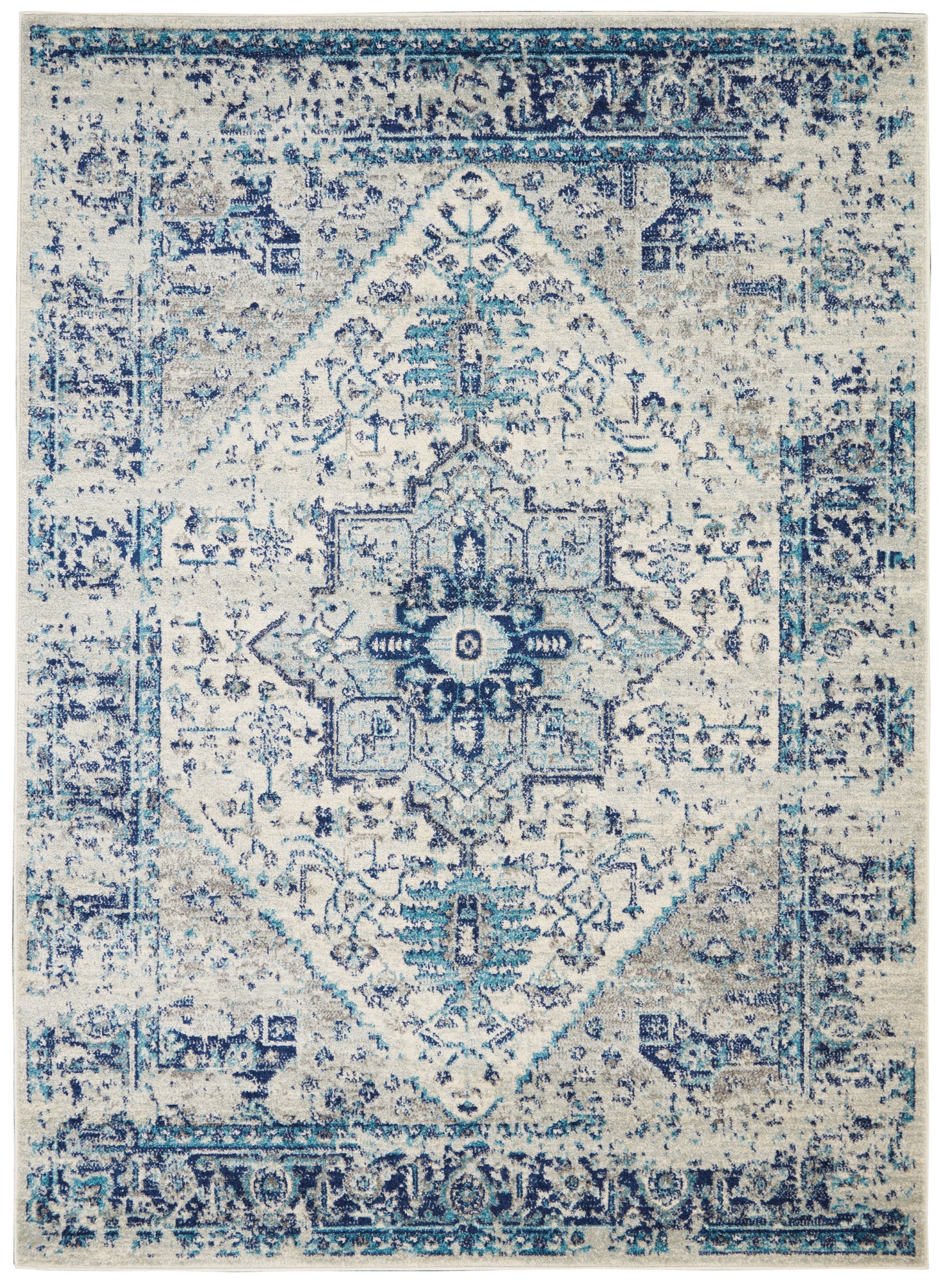 Blue & ivory distressed oriental area rug with central diamond medallion & ornate border.