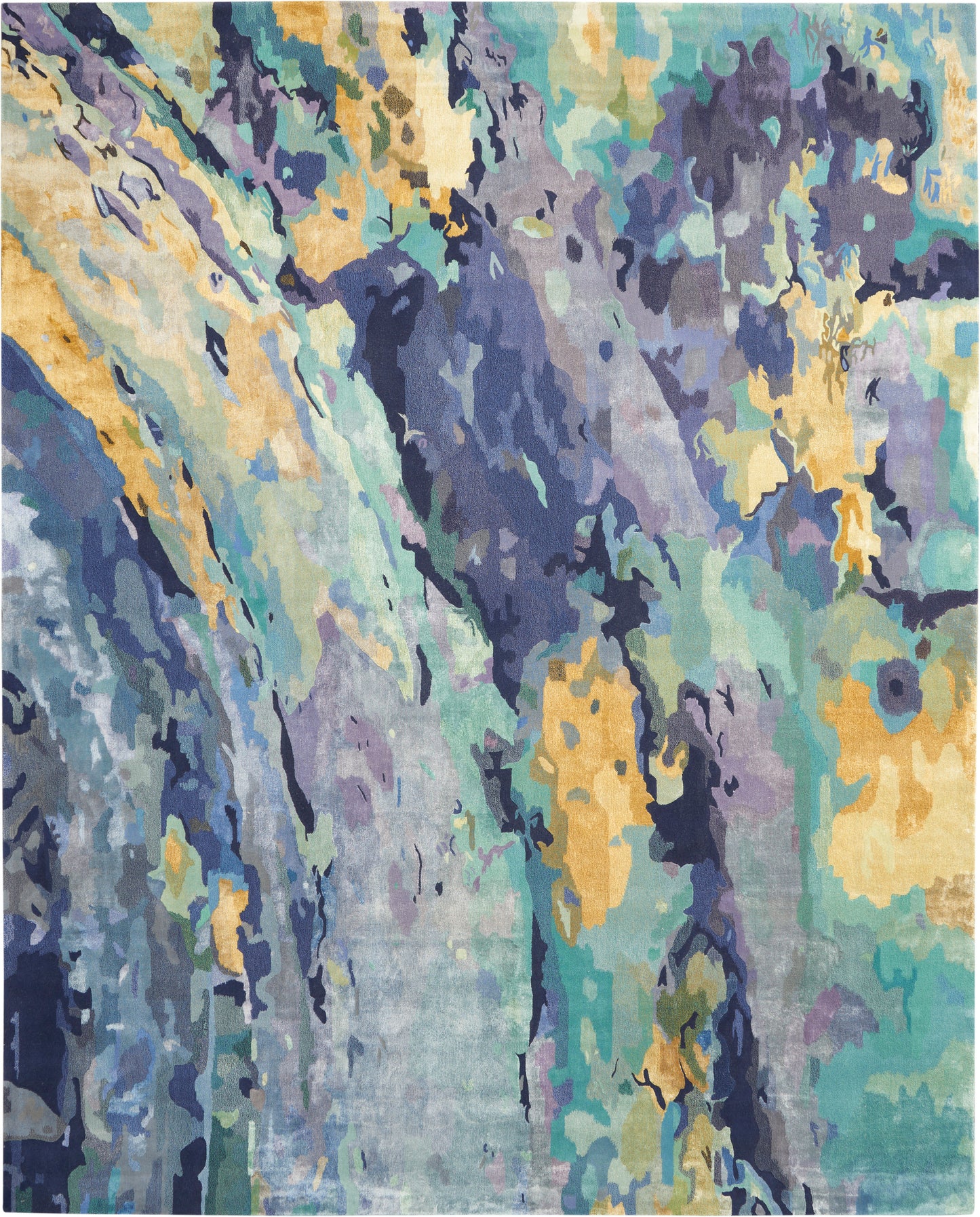 Abstract landscape rug with teal, blue, green, purple and gold patches in a canyon-like, irregular pattern.