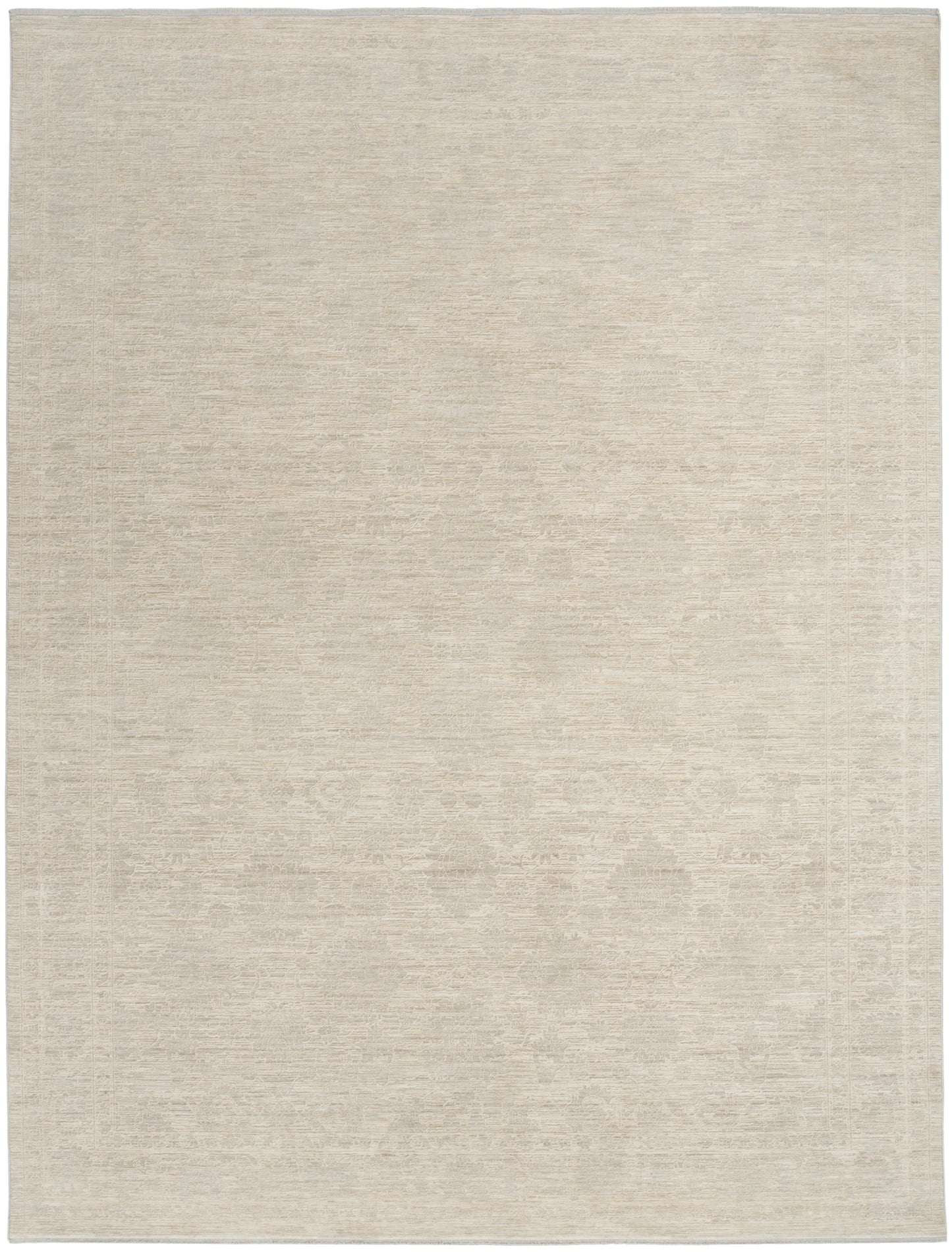 Beige rectangular area rug with a subtle, faded medallion pattern; neutral tone, versatile for living rooms.
