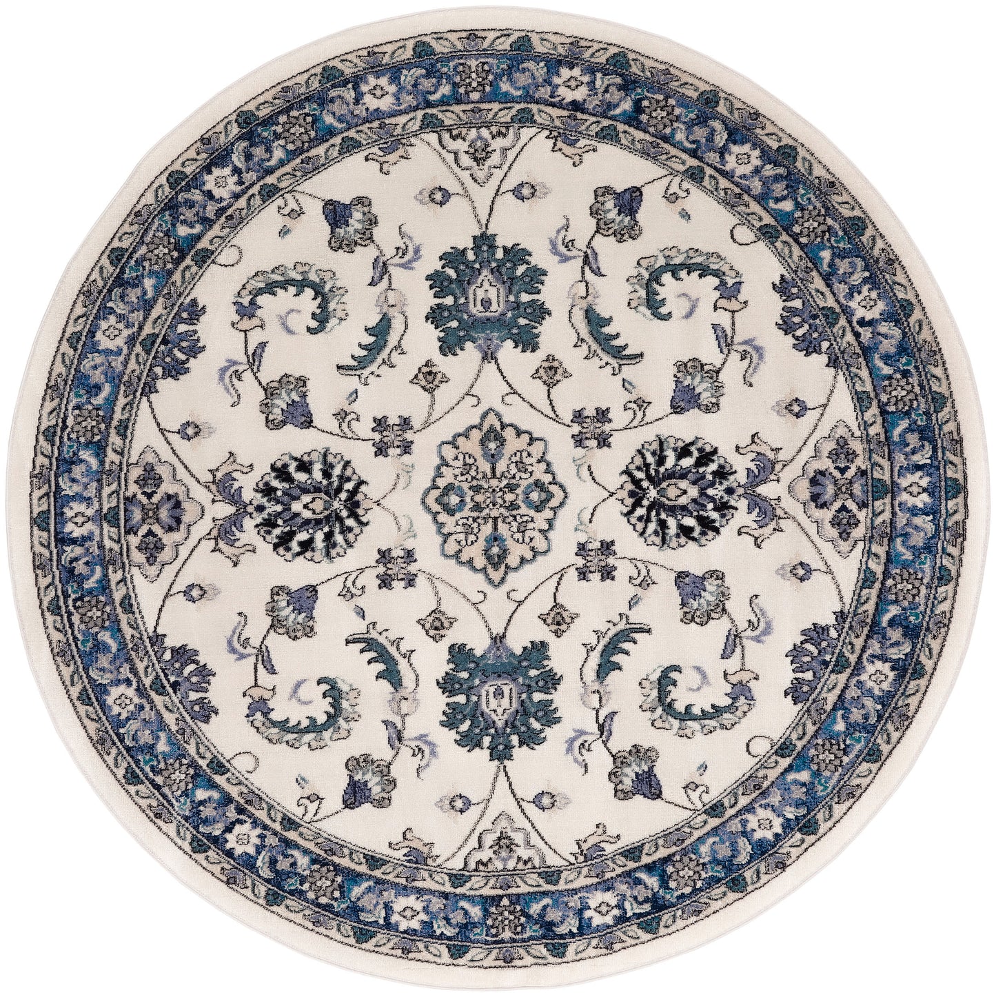 Round oriental rug with cream background and intricate blue-teal floral damask pattern, framed by a blue floral border.
