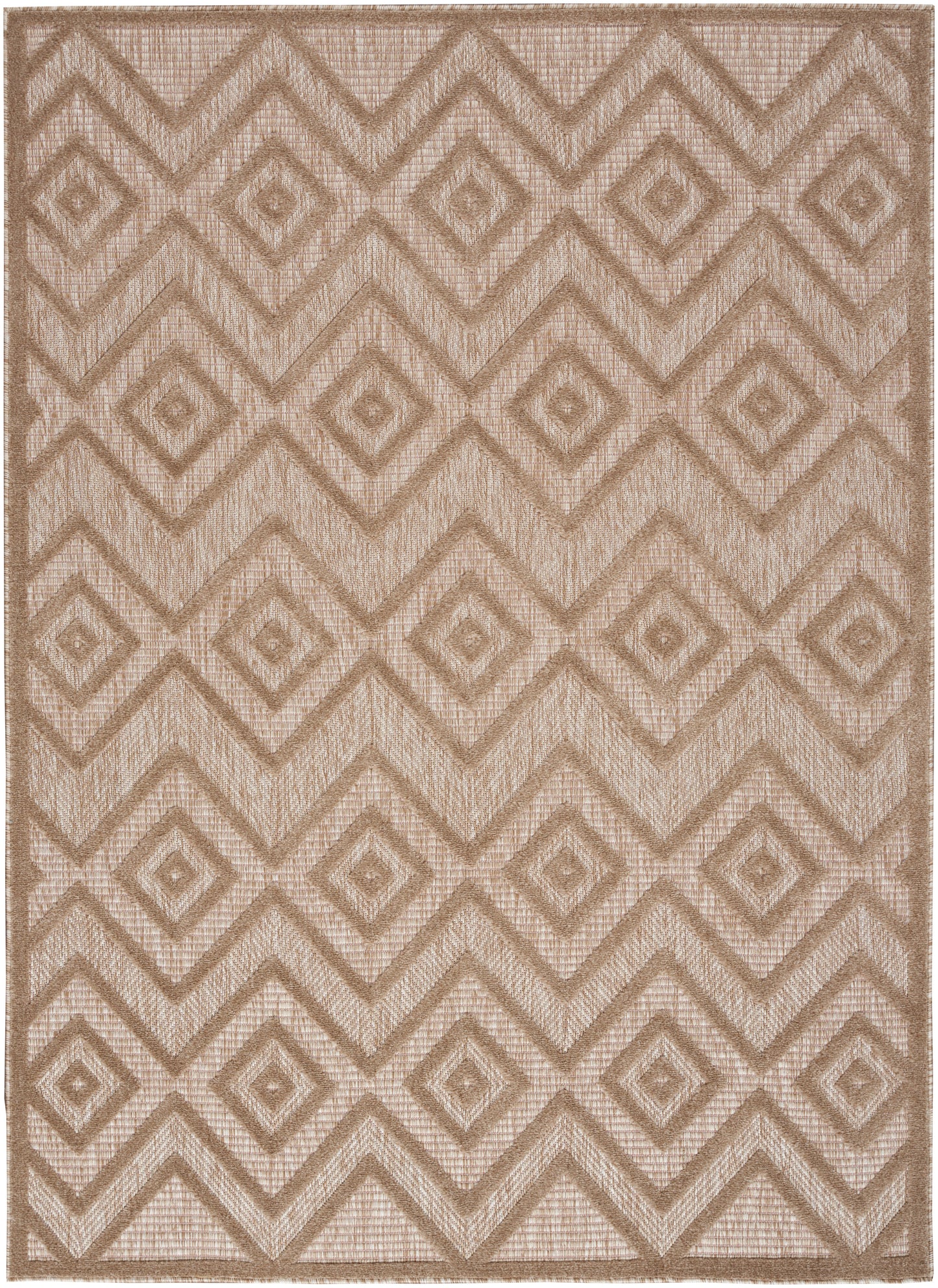 Beige woven area rug with nested diamonds and chevron pattern in taupe-brown tones; textured geometric style.