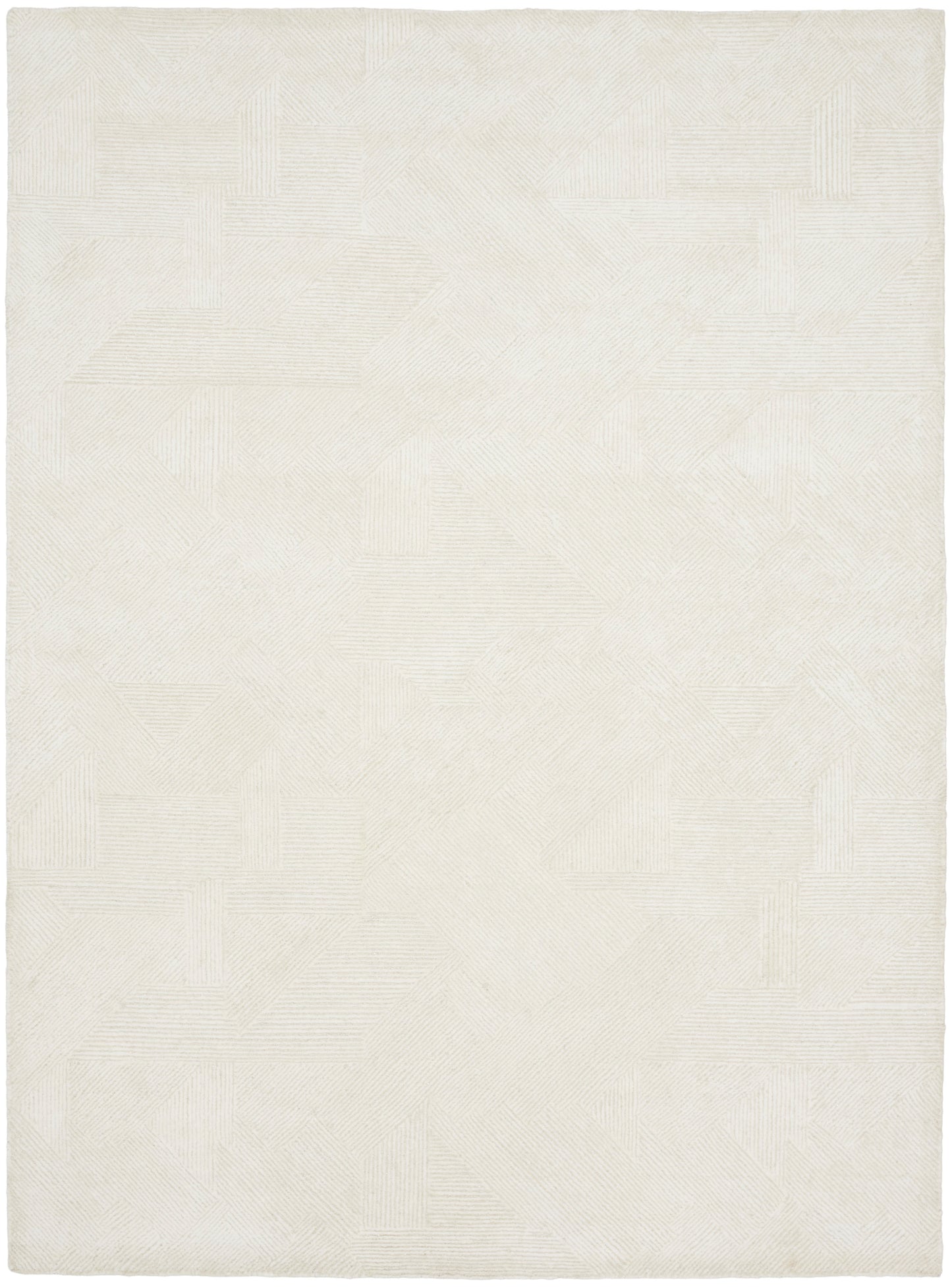 Cream woven rug with subtle geometric patchwork in tonal lines.
