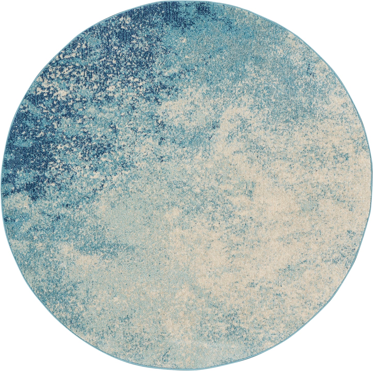 Circular rug featuring a blue and beige marbled, cloudy pattern for modern home decor.