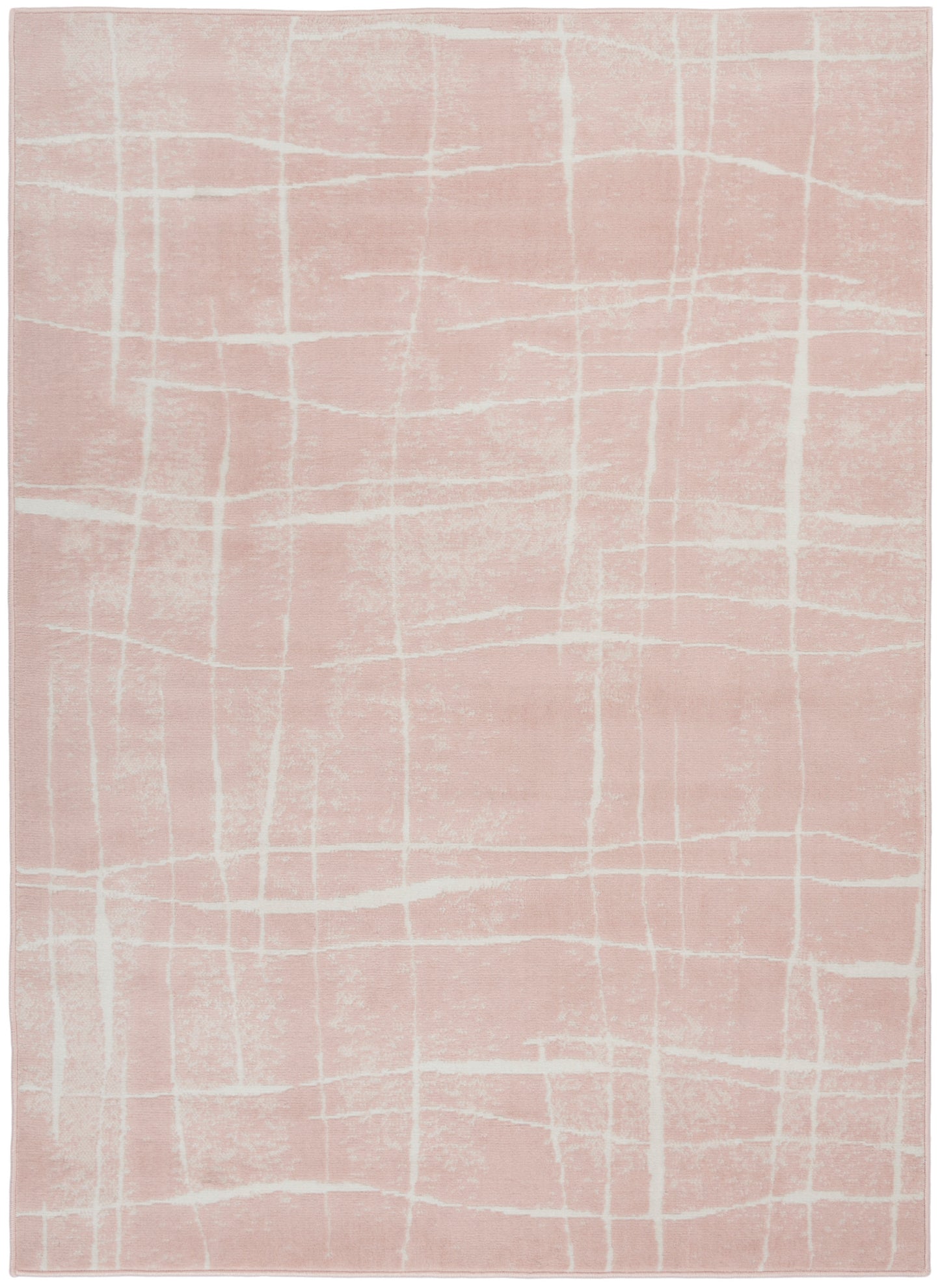 Soft pink rug with a white grid pattern; rectangular, modern minimalist decor.