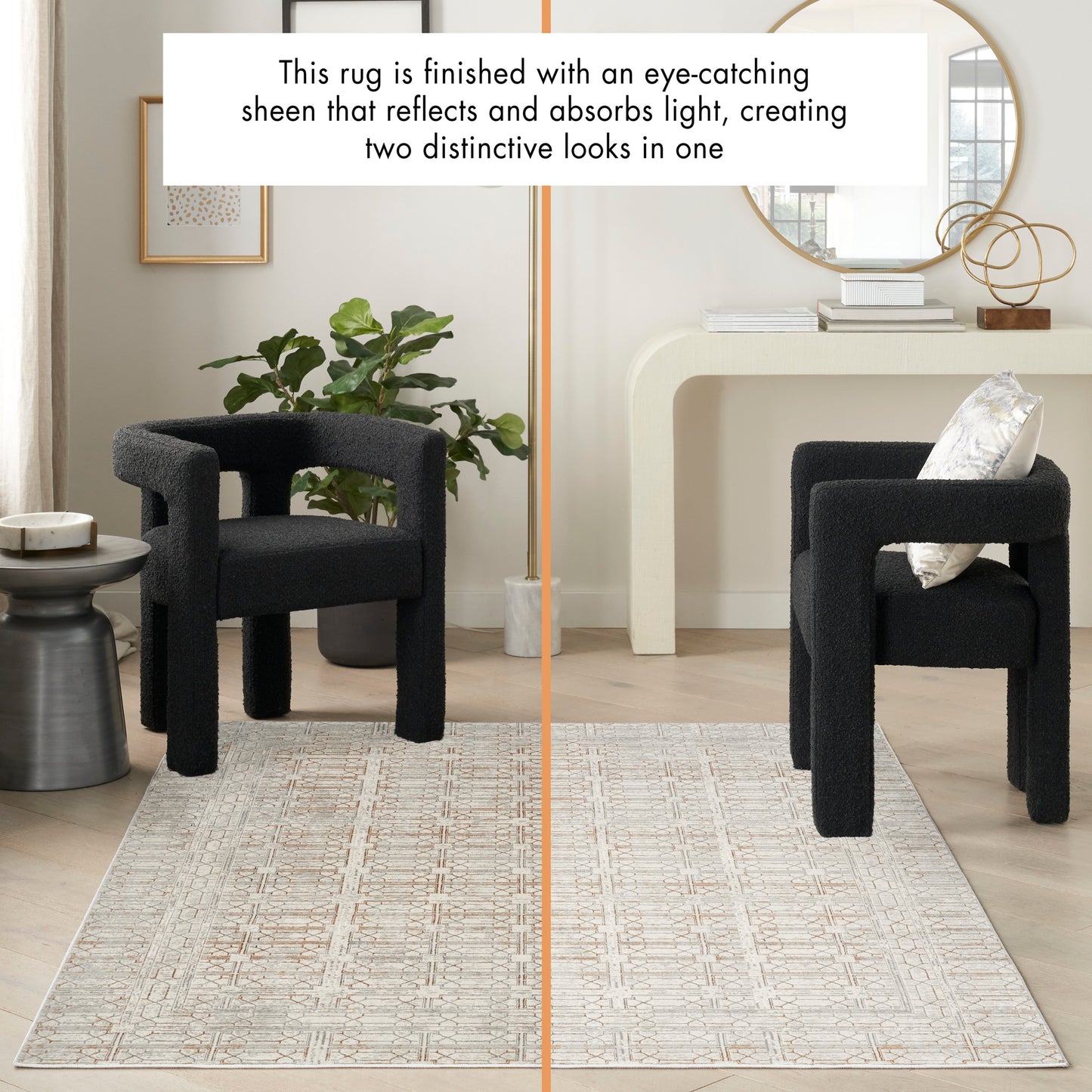 Two black boucle armchairs flank a cream geometric-patterned rug in a modern living room with a round mirror.