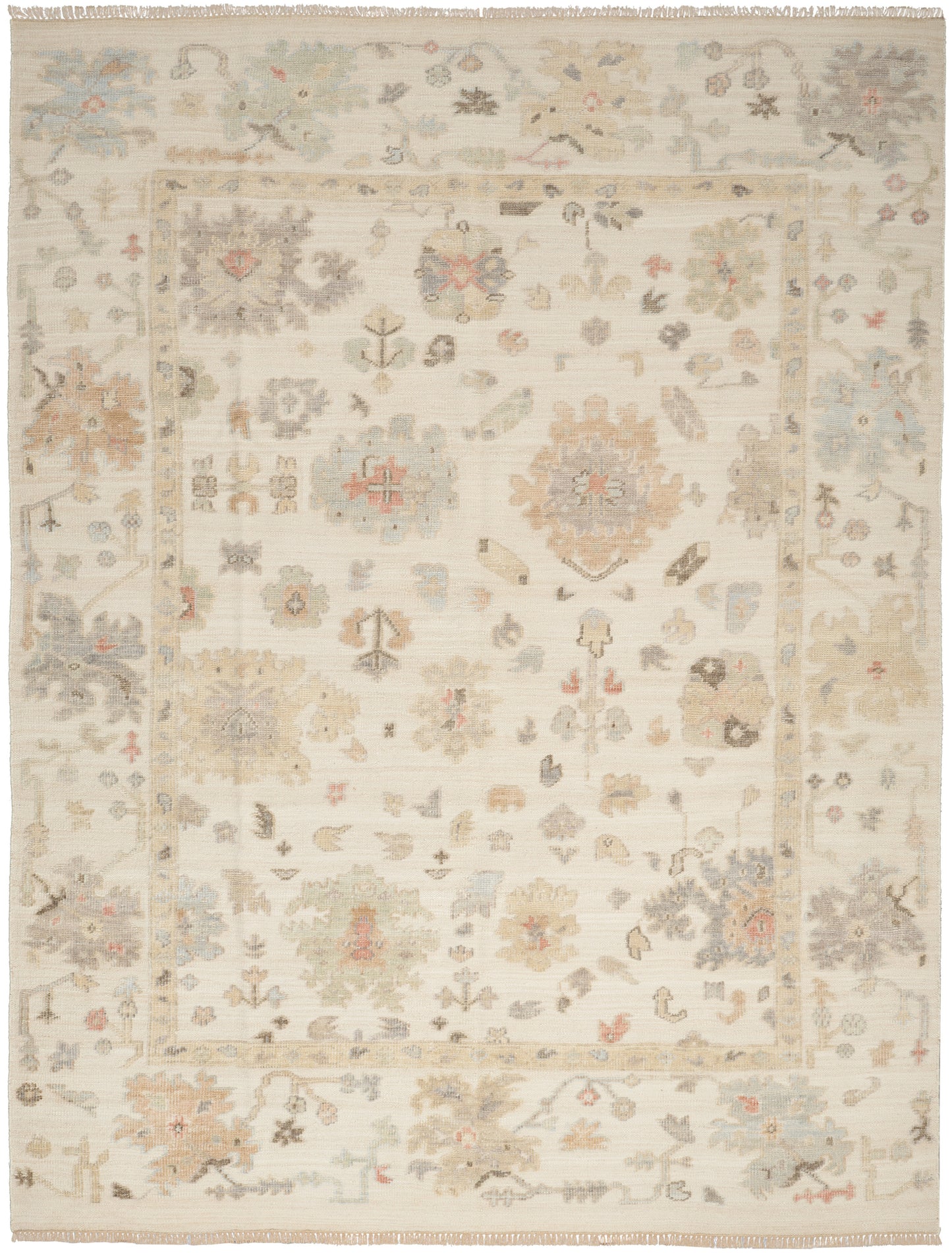 Rectangular ivory rug with pastel floral motifs and light border; traditional Oriental-inspired design, fringed ends.