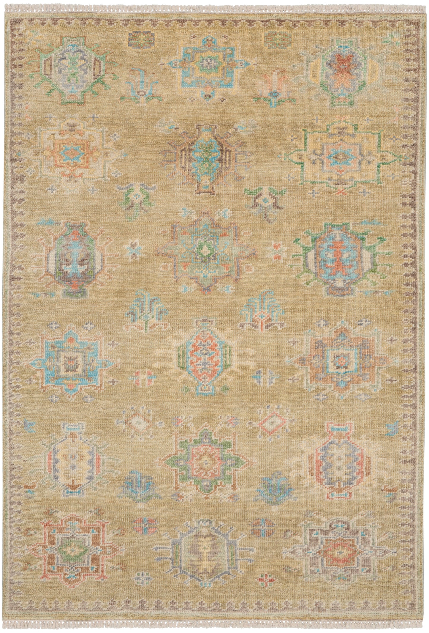 Beige oriental rug with pastel geometric medallions in blue, pink and green; fringed ends, vintage/antique style.