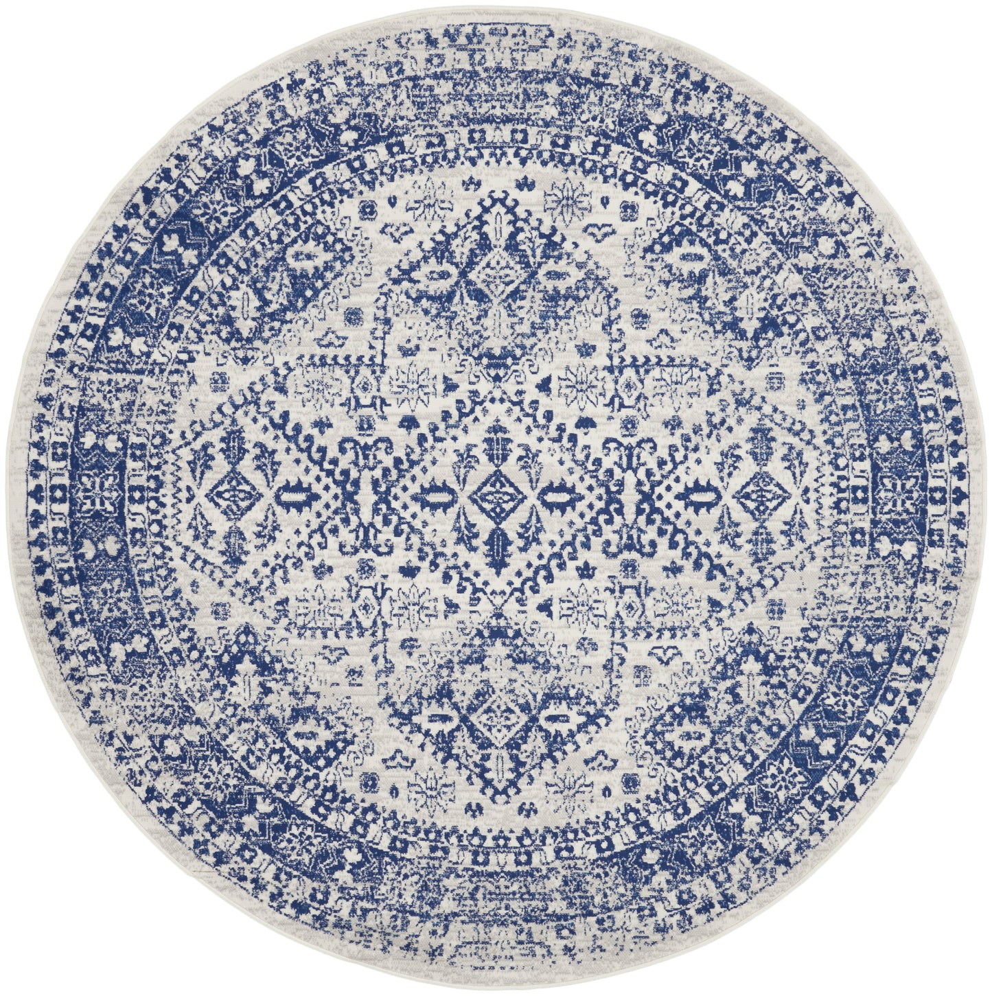 Round blue-and-white distressed oriental rug with geometric medallion pattern and decorative border; ideal area rug.