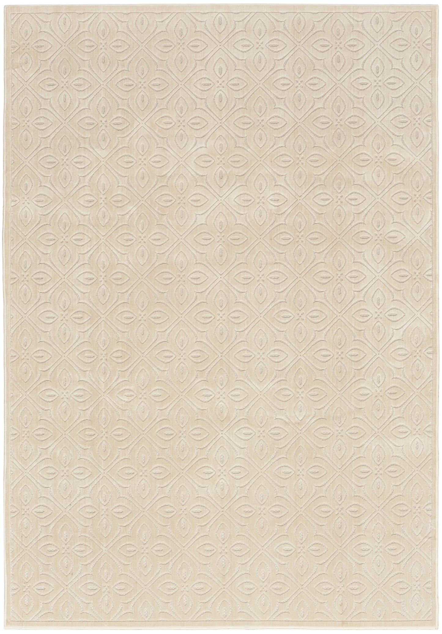 Beige textured woven area rug with a subtle repeating geometric pattern; rectangular, neutral-toned, 5' x 7'.