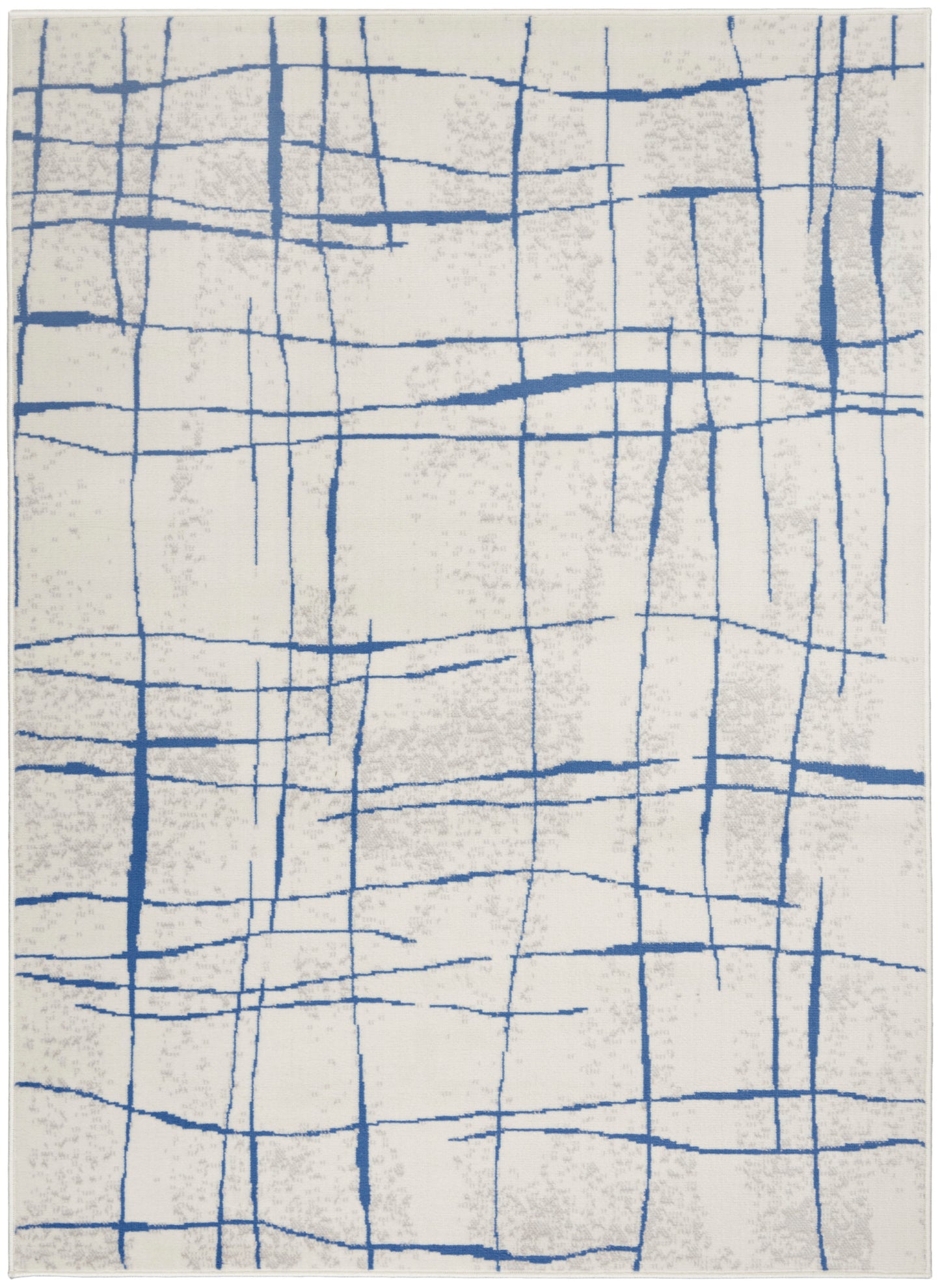 Rectangular cream rug with bold blue irregular grid lines for a modern abstract look