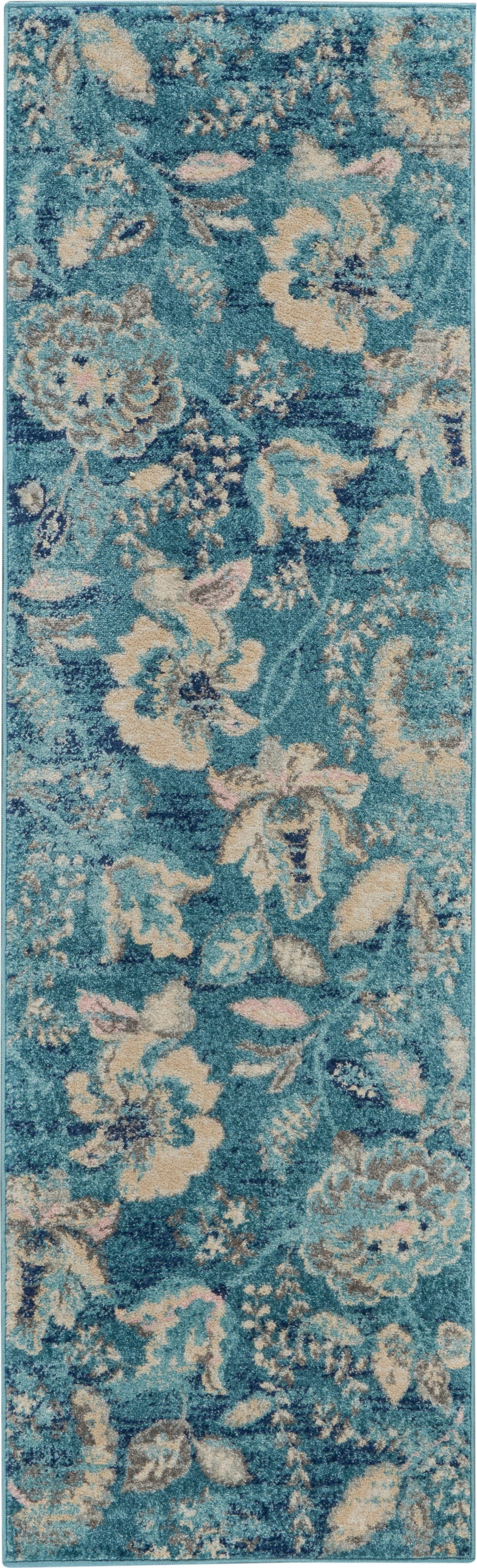 Teal floral runner rug with cream blossoms & pink accents; traditional oriental style, soft textured pile.