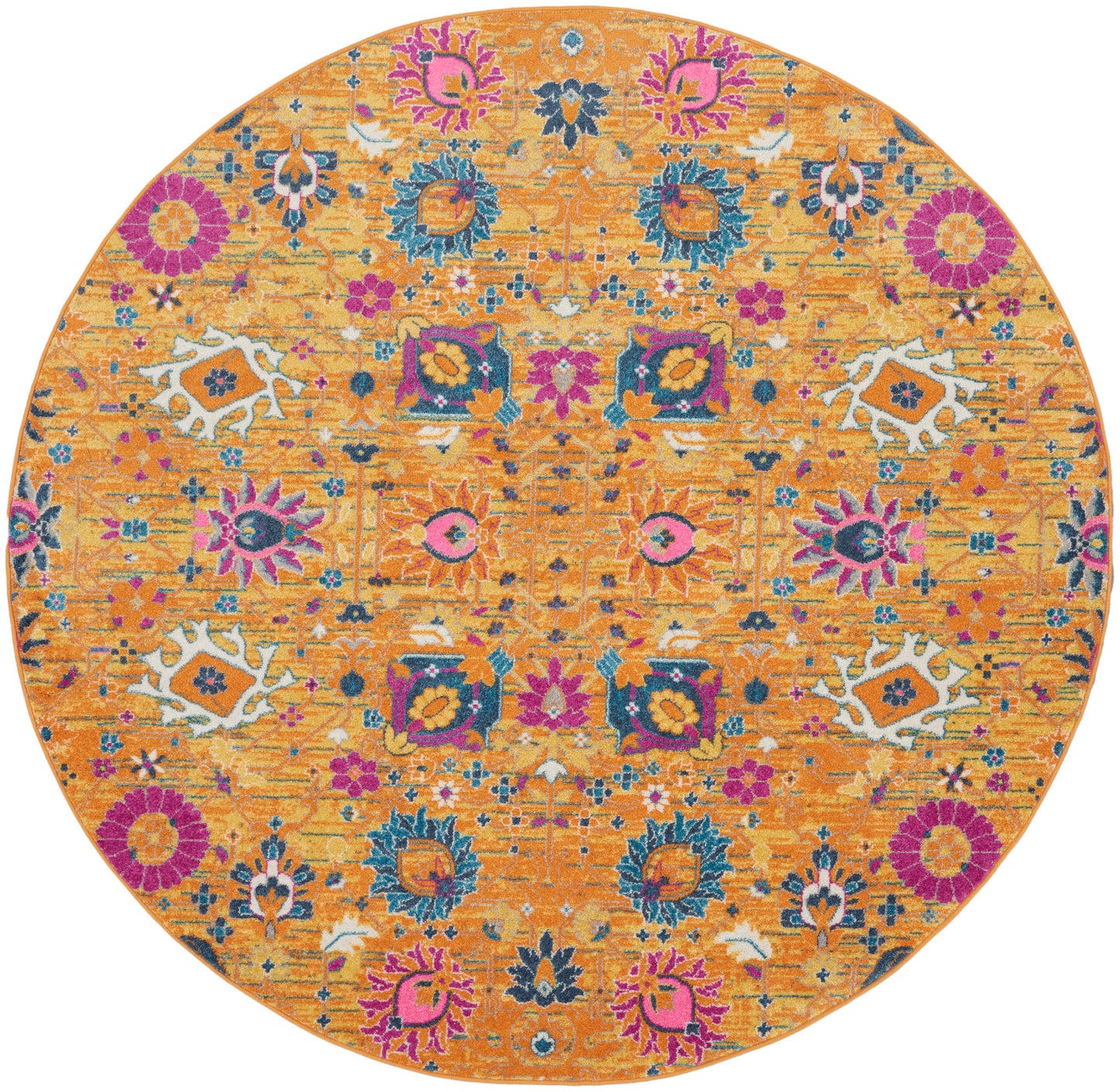 Round orange rug with vibrant multicolor floral pattern in pink, blue, purple and white.